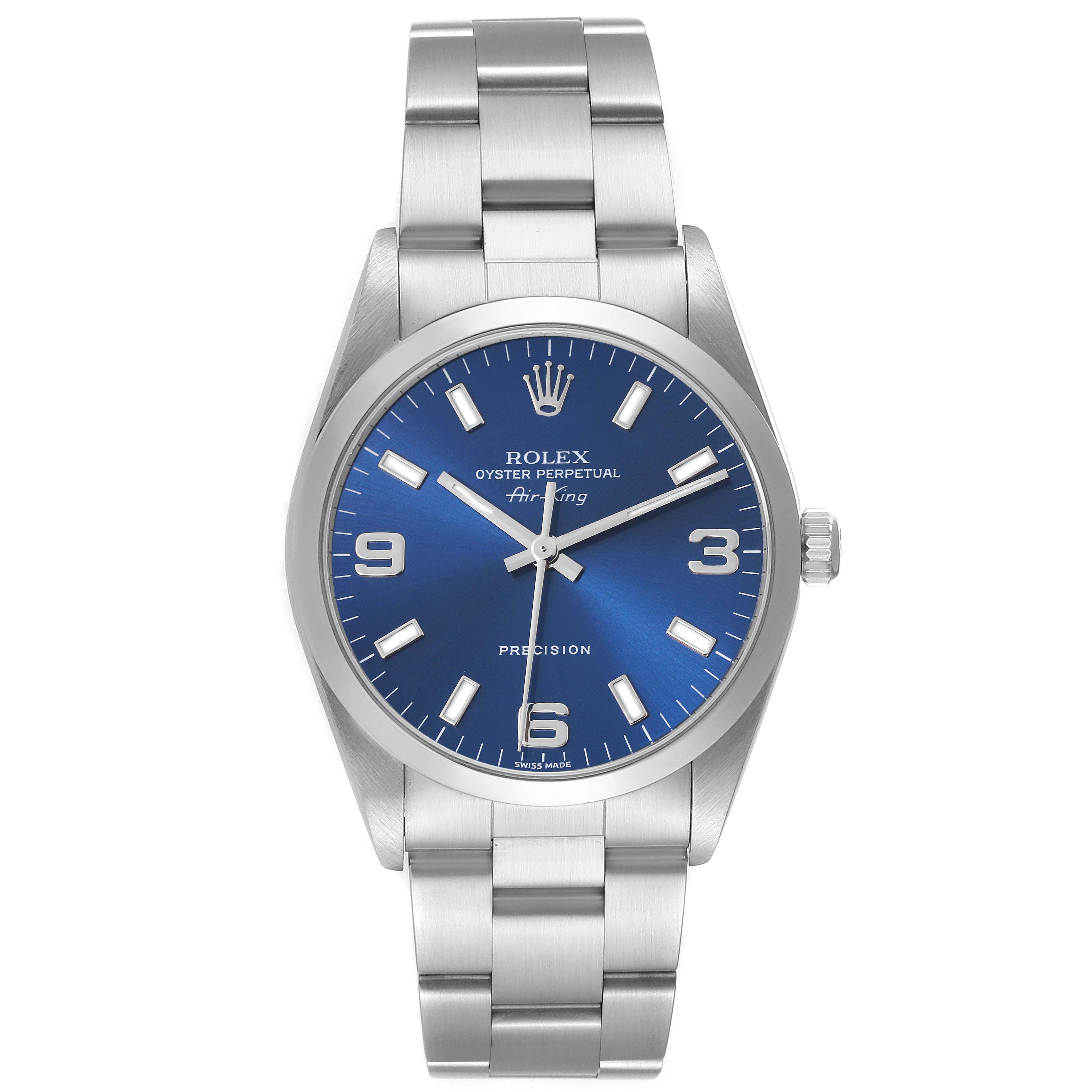 The Rolex Air-King 14000 Men's Stainless Steel Blue Dial 14000 Men's Stainless Steel Blue Dial watch is shown from a front angle, displaying its face, dial, and bracelet.