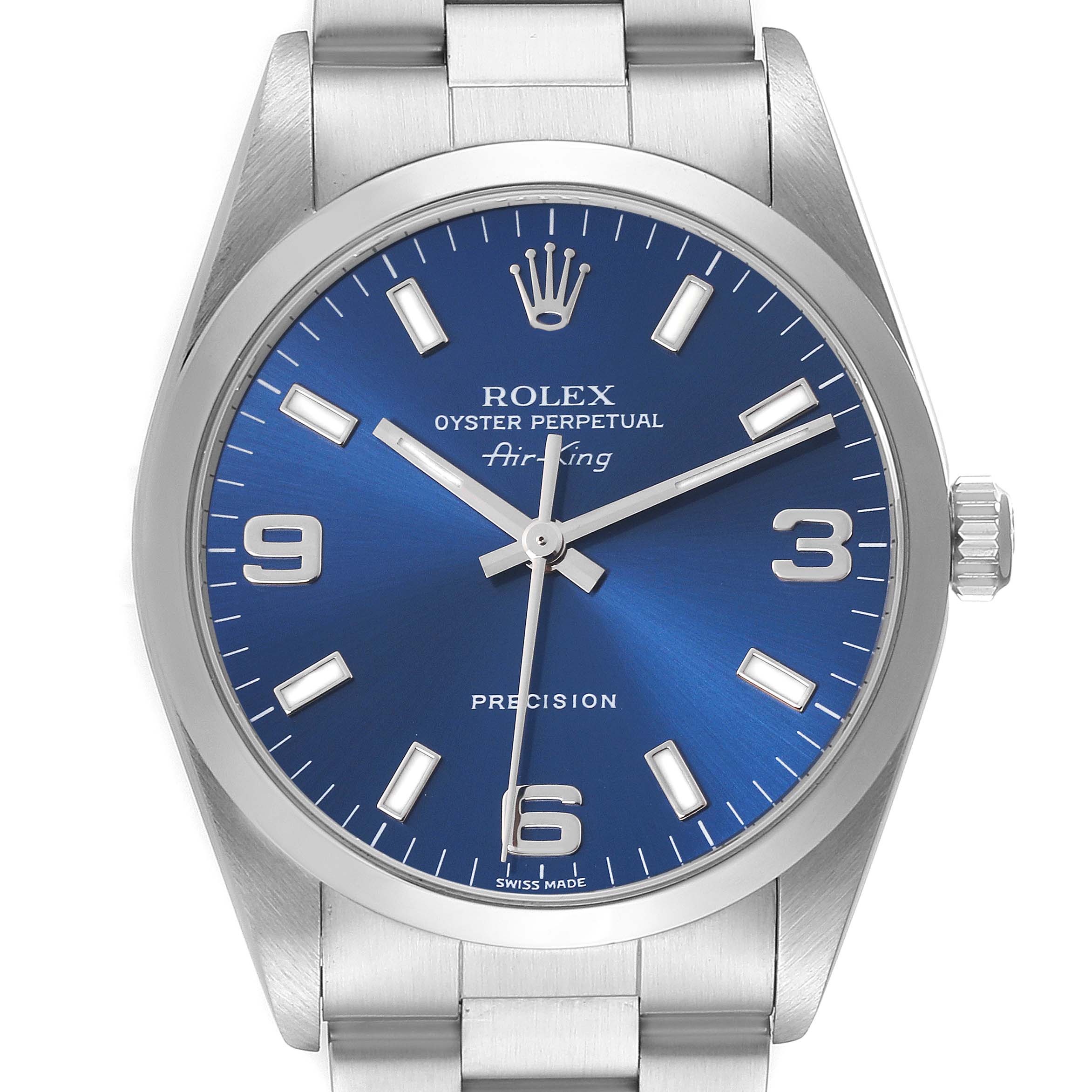 The Rolex Air-King 14000 Men's Stainless Steel Blue Dial 14000 Men's Stainless Steel Blue Dial watch is shown from the front, displaying the dial, case, crown, and part of the bracelet.