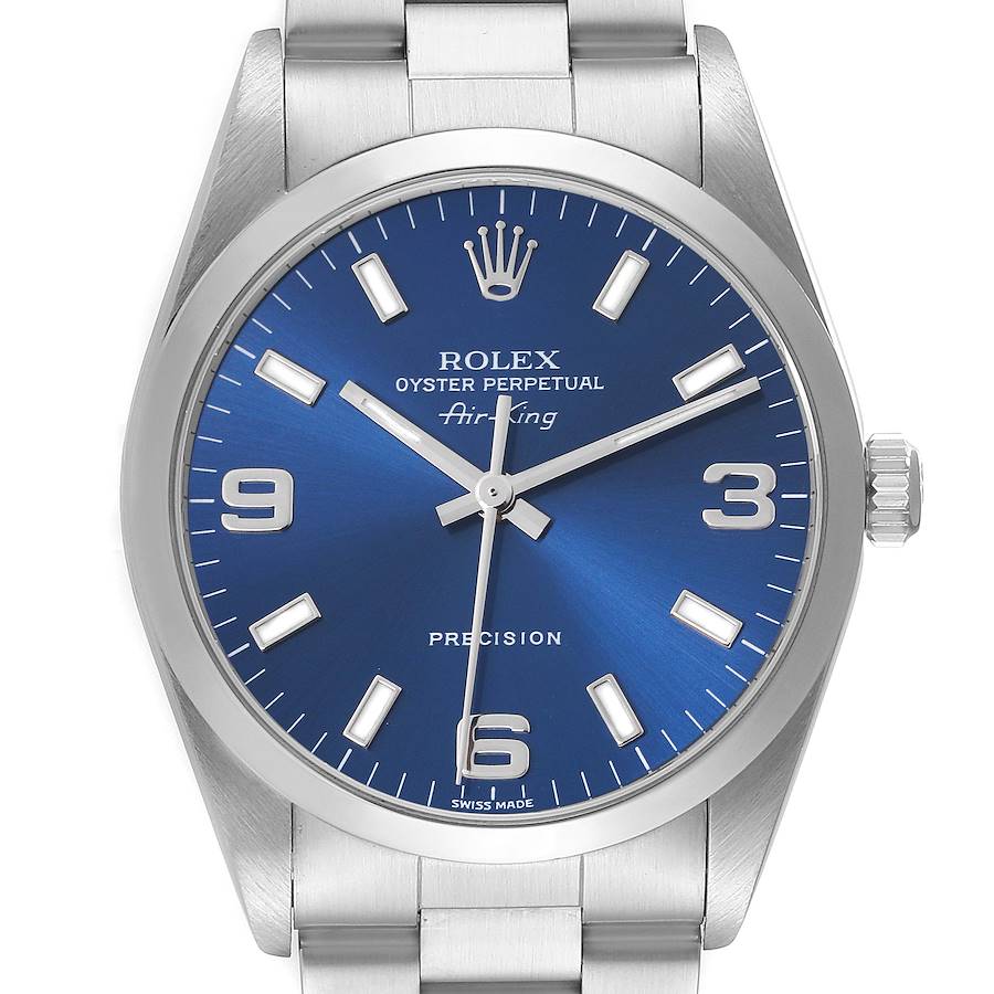 The Rolex Air-King watch is shown from the front, displaying the dial, case, crown, and part of the bracelet.