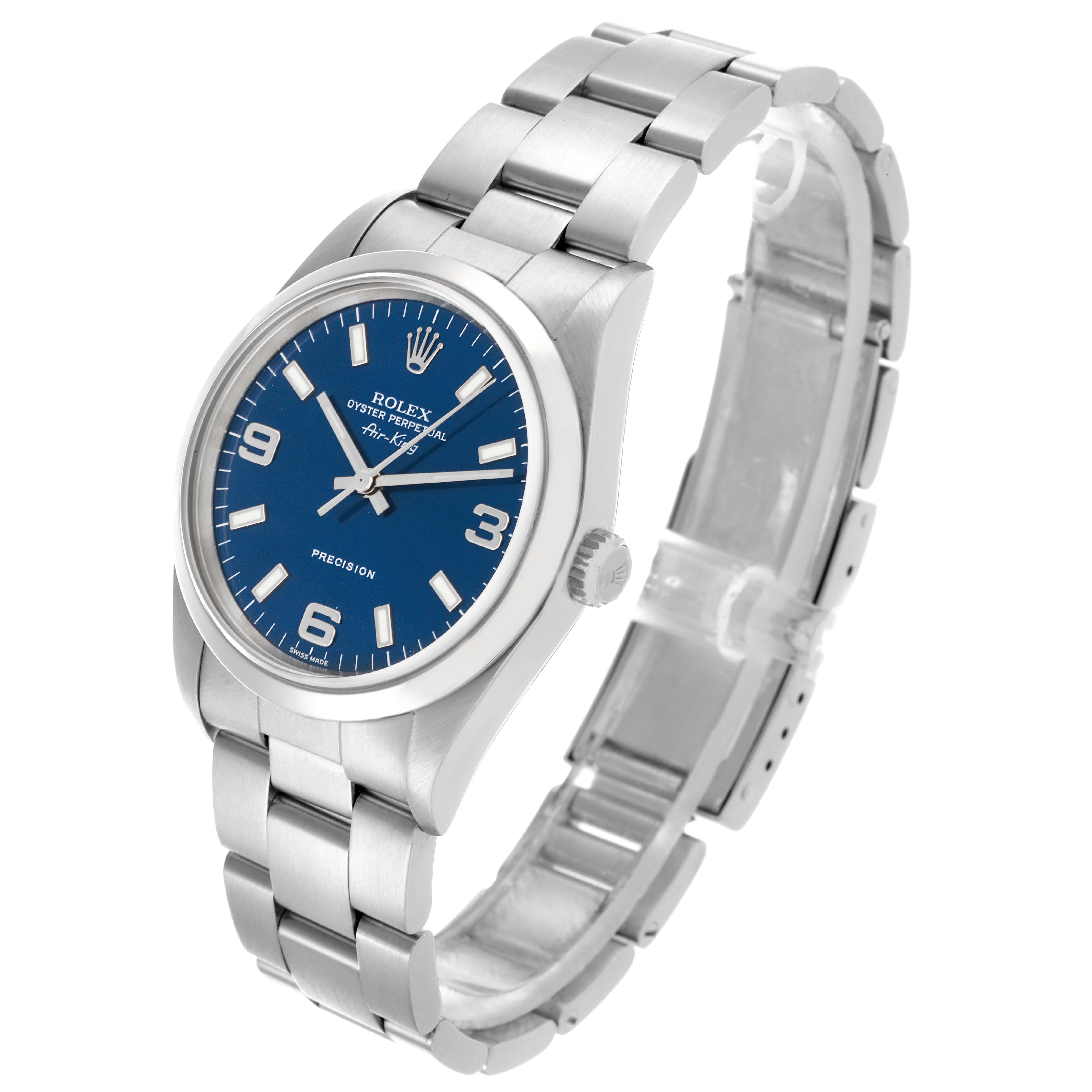 The Rolex Air-King 14000 Men's Stainless Steel Blue Dial 14000 Men's Stainless Steel Blue Dial watch is shown at a three-quarter angle, highlighting the face, bezel, crown, and bracelet.