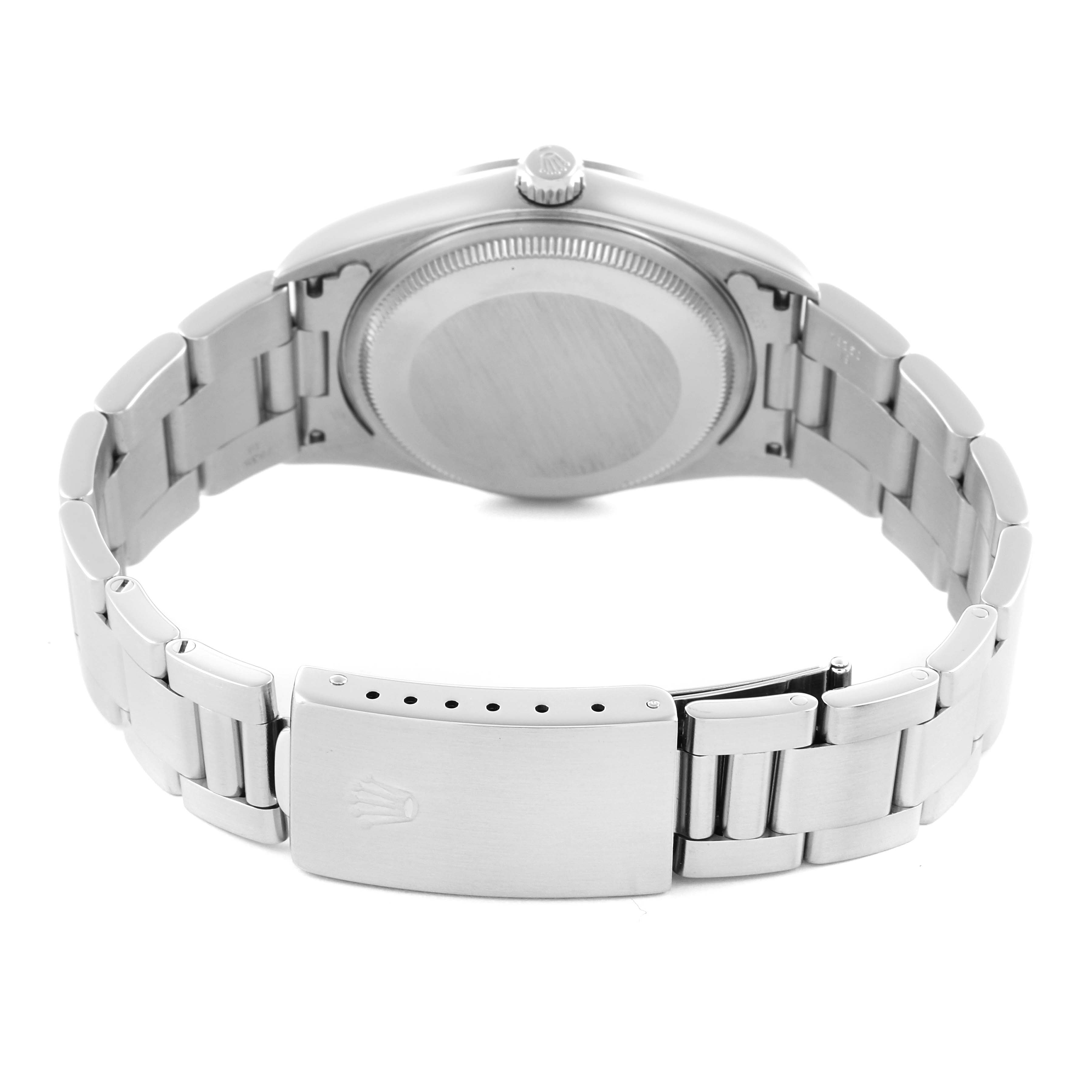 The image shows the back view of the Rolex Air-King 14000 Men's Stainless Steel Blue Dial 14000 Men's Stainless Steel Blue Dial, highlighting the case back and the metal bracelet clasp.