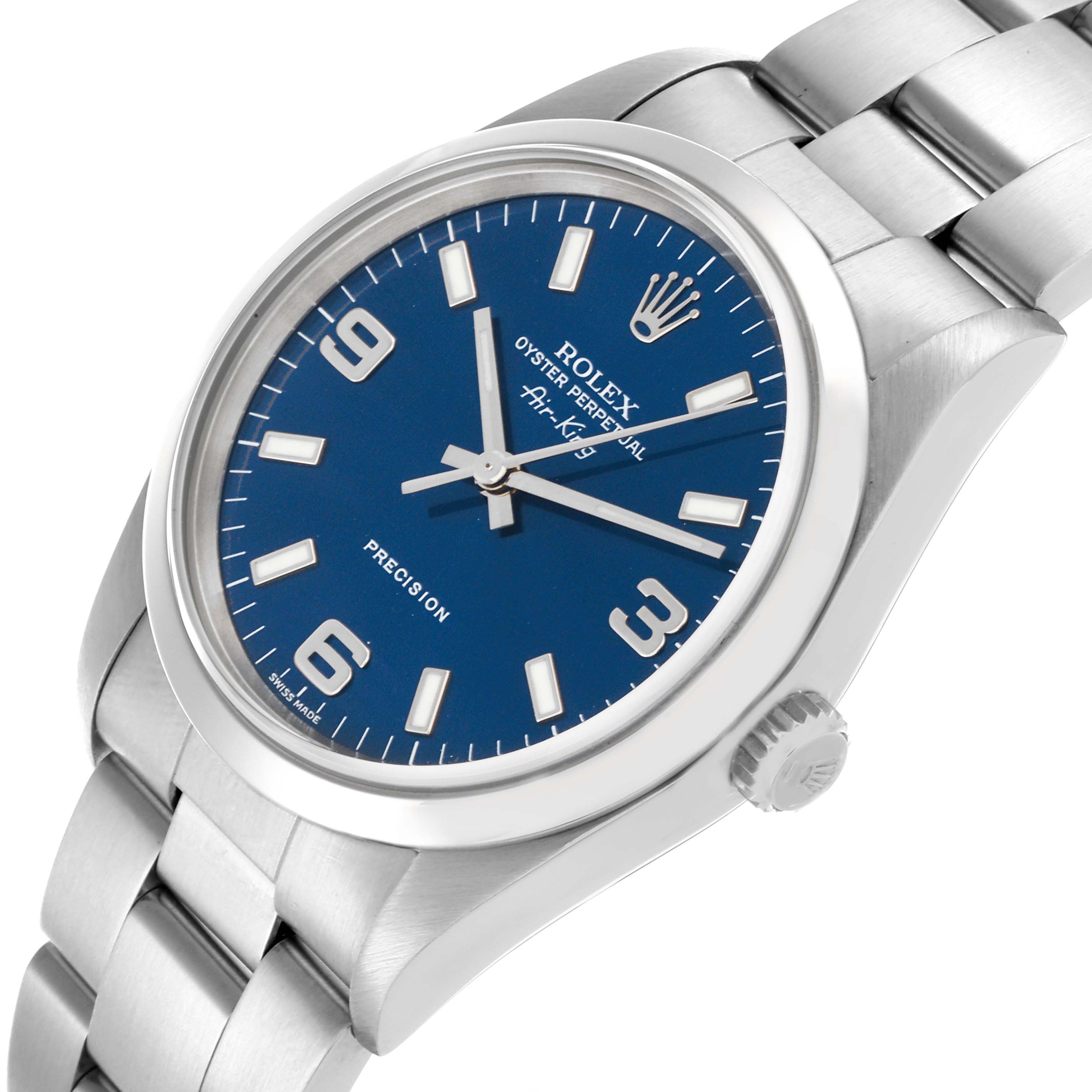 The Rolex Air-King 14000 Men's Stainless Steel Blue Dial 14000 Men's Stainless Steel Blue Dial watch is shown at a slight angle, highlighting the blue dial, crown, and stainless steel bracelet.