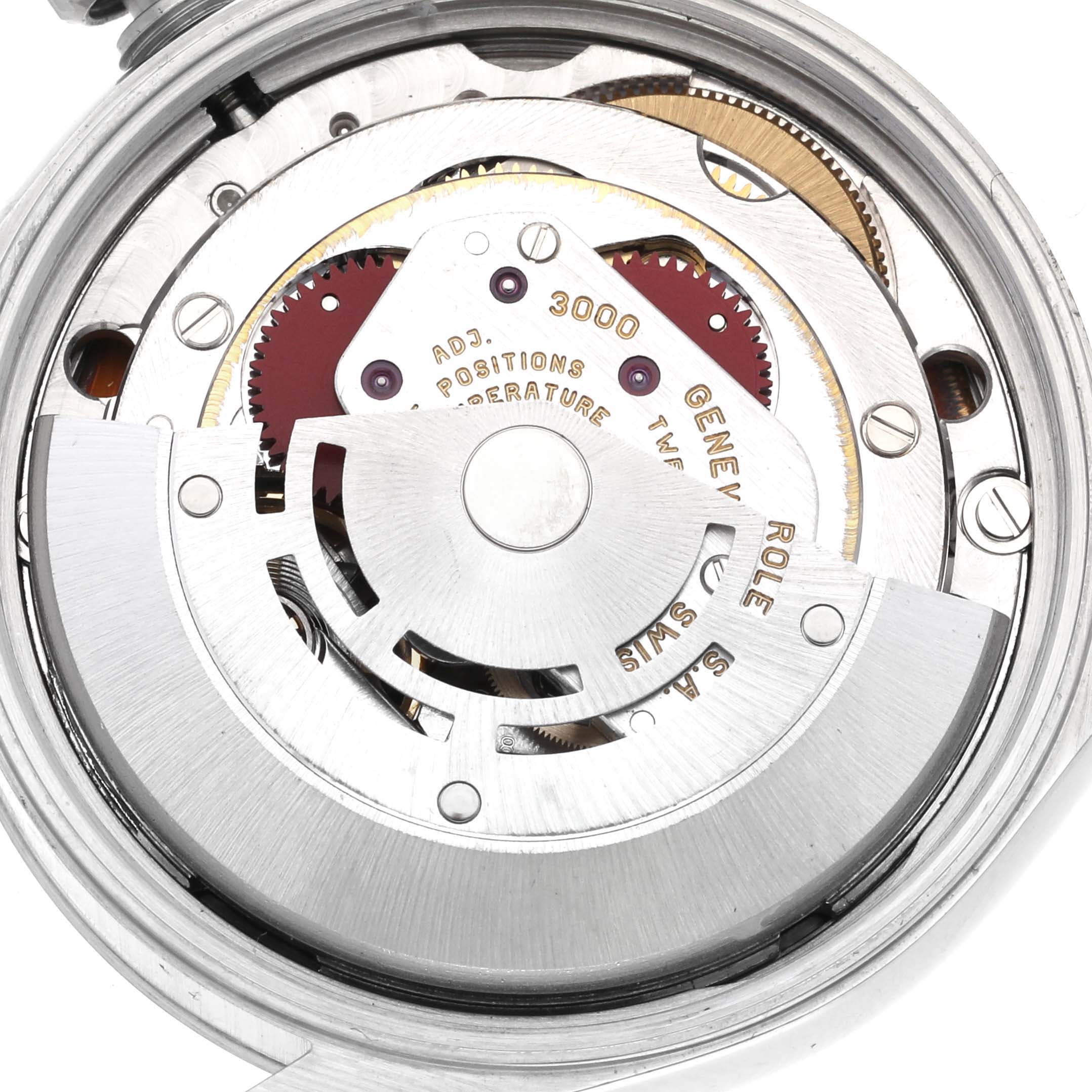 The image shows the internal mechanism of a Rolex Air-King 14000 Men's Stainless Steel Blue Dial 14000 Men's Stainless Steel Blue Dial watch, focusing on the rotor and gears from a top-down angle.