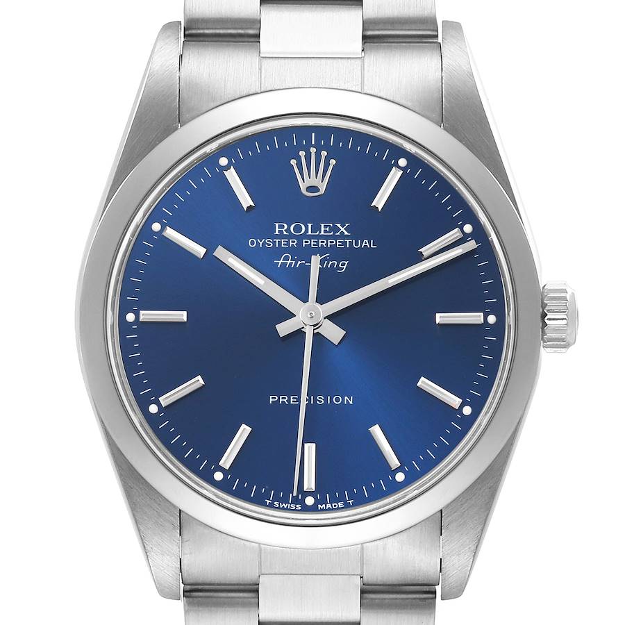 The Rolex Air-King watch is shown from the front, displaying its blue dial, hands, indices, crown, and part of the bracelet.