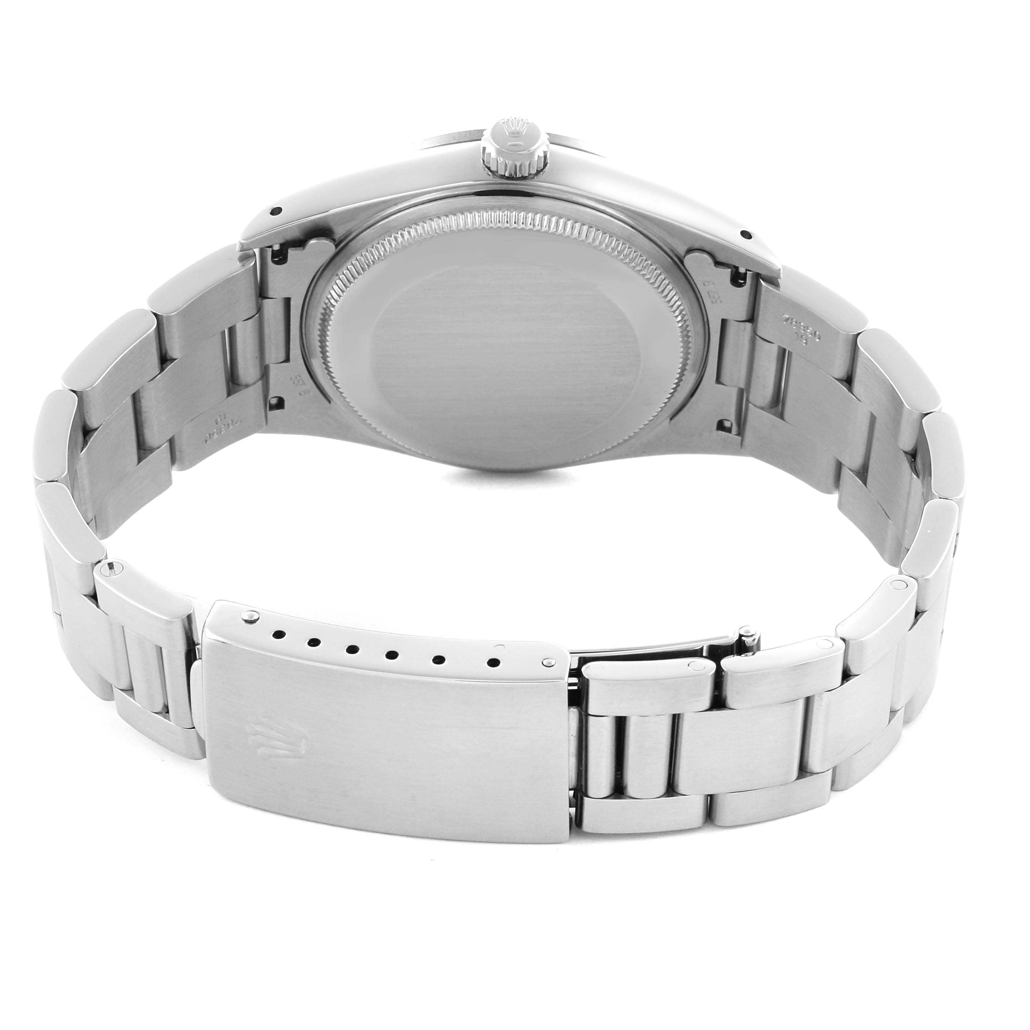 The image shows the back view of a Rolex Air-King 14000 Men's Stainless Steel Blue Dial 14000 Men's Stainless Steel Blue Dial watch, highlighting the case back and bracelet clasp.