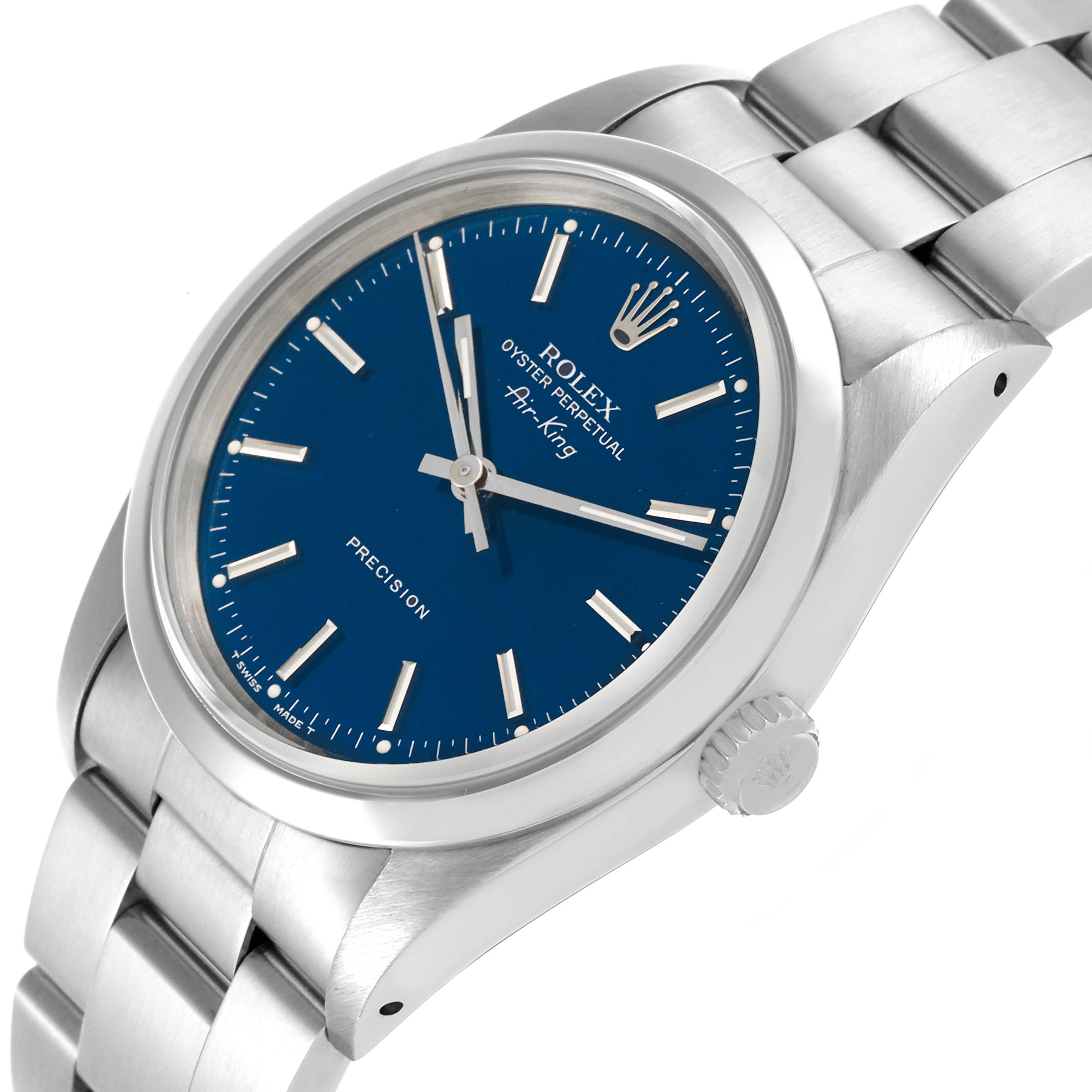 The Rolex Air-King 14000 Men's Stainless Steel Blue Dial 14000 Men's Stainless Steel Blue Dial watch is shown in a close-up angle, displaying its blue dial, crown, and part of the bracelet.