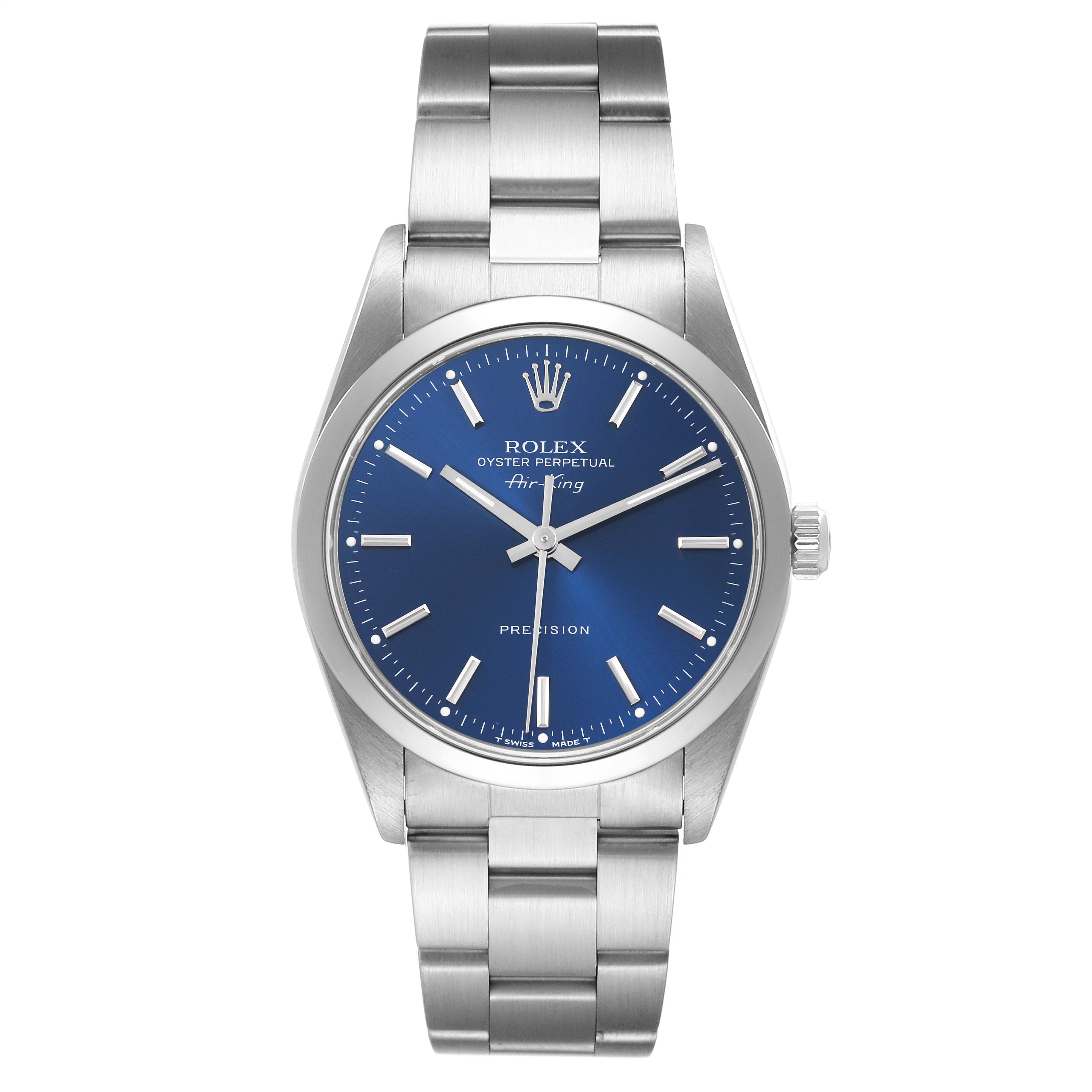 The Rolex Air-King 14000 Men's Stainless Steel Blue Dial 14000 Men's Stainless Steel Blue Dial watch is shown from a front angle, displaying its blue dial, stainless steel bracelet, and crown.