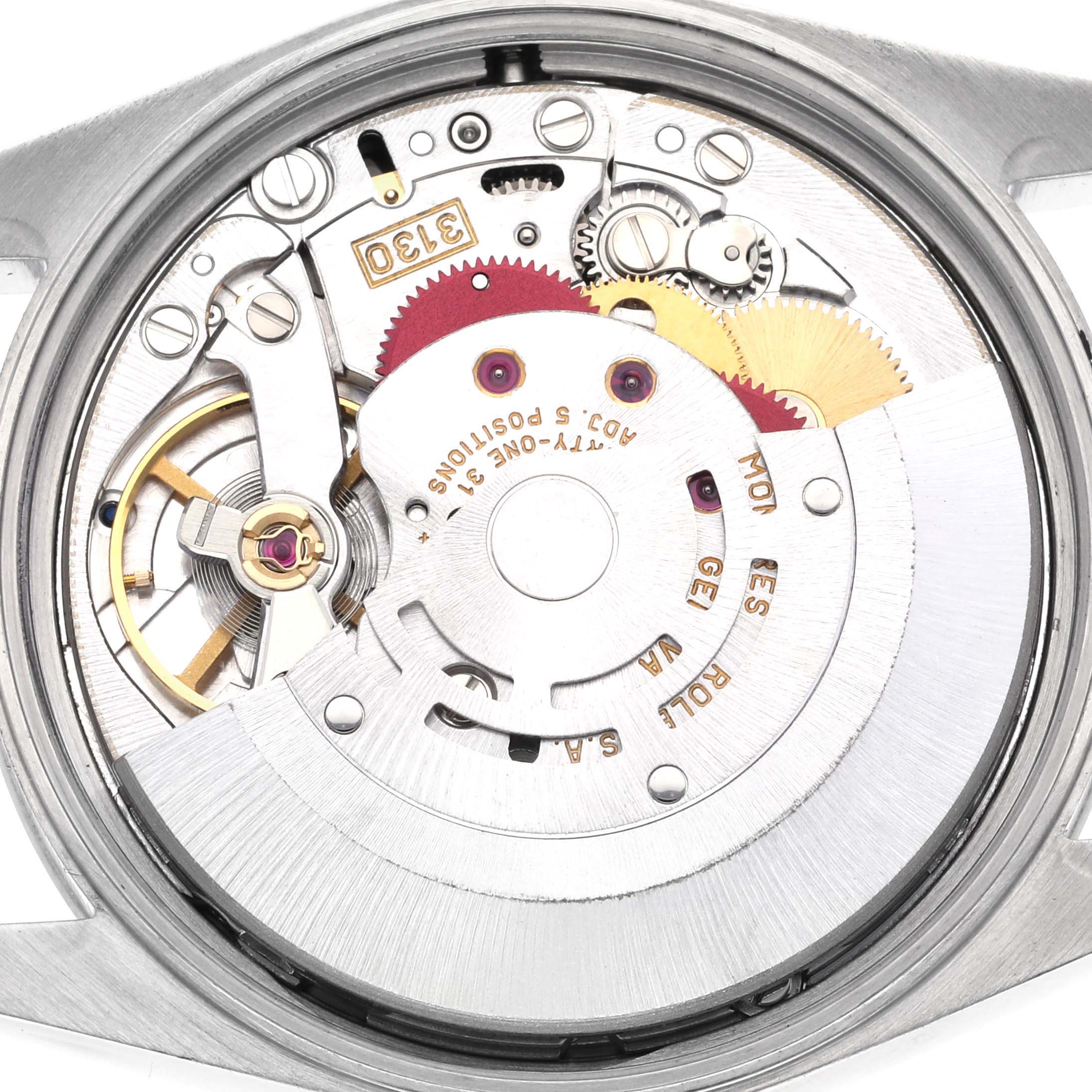 The image shows the back view of a Rolex Air-King 14000M Men's Stainless Steel Black Dial 14000M Men's Stainless Steel Black Dial, focusing on its intricate mechanical movement.