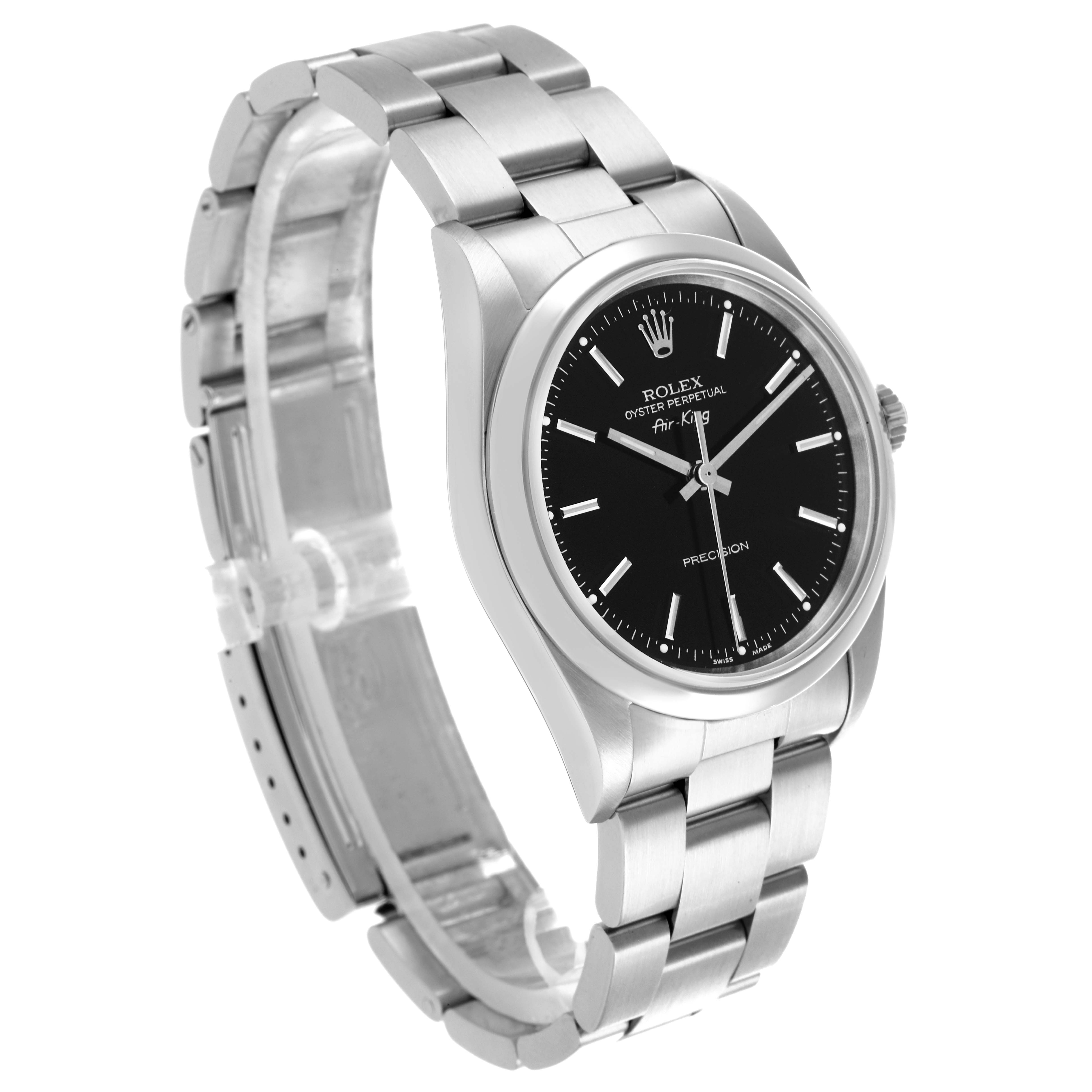 The Rolex Air-King 14000M Men's Stainless Steel Black Dial 14000M Men's Stainless Steel Black Dial watch is shown at a three-quarter angle, featuring the bracelet, case, and black dial.