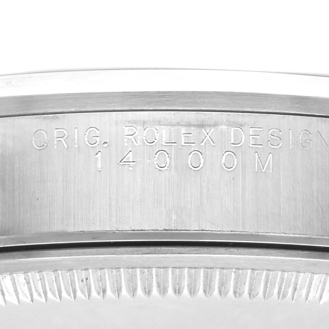 The image shows a close-up of the case back engravings on a Rolex Air-King 14000M Men's Stainless Steel Black Dial 14000M Men's Stainless Steel Black Dial watch.