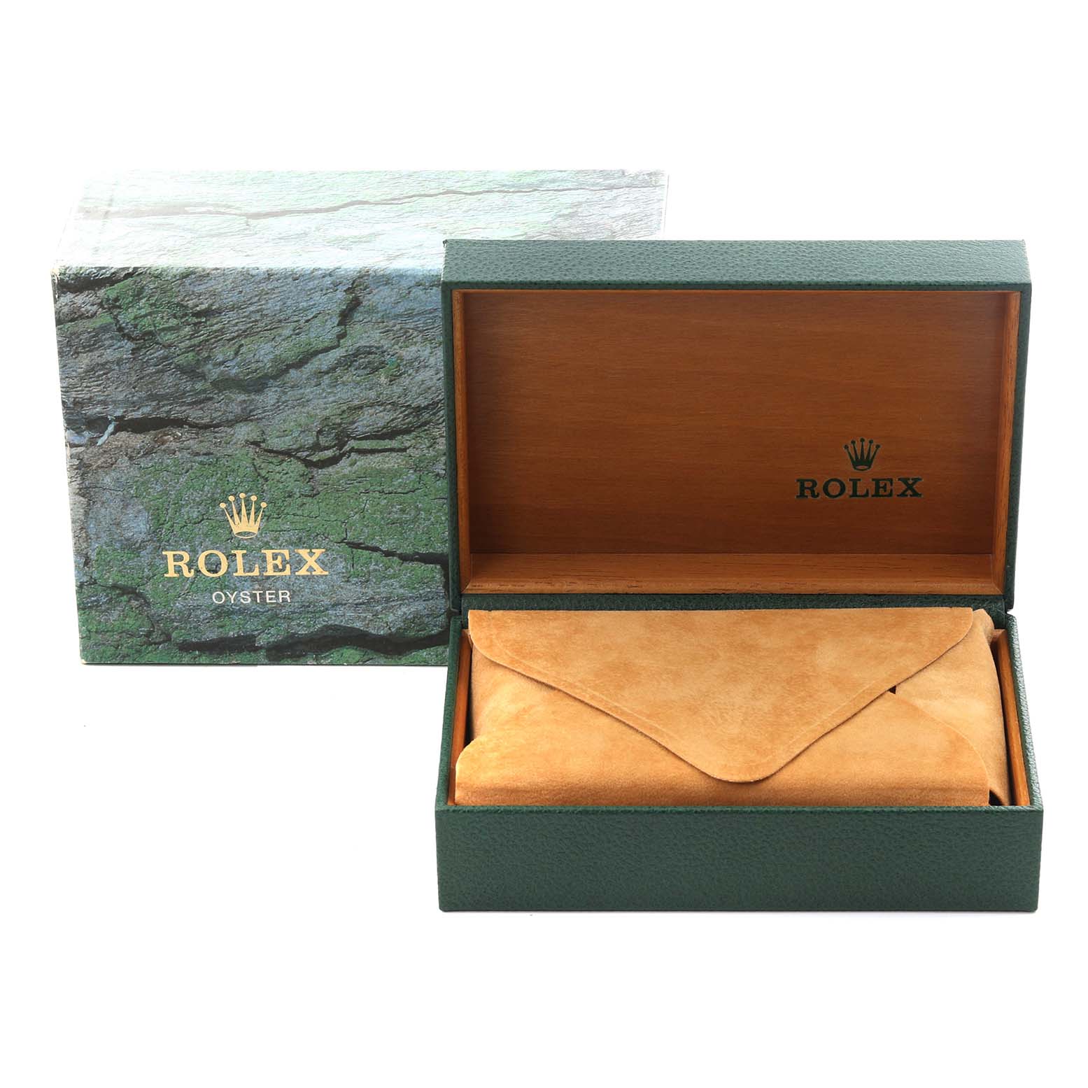 The image shows a Rolex Air-King 14000M Men's Stainless Steel Black Dial 14000M Men's Stainless Steel Black Dial watch box, open with a tan pouch inside, placed alongside its outer packaging.