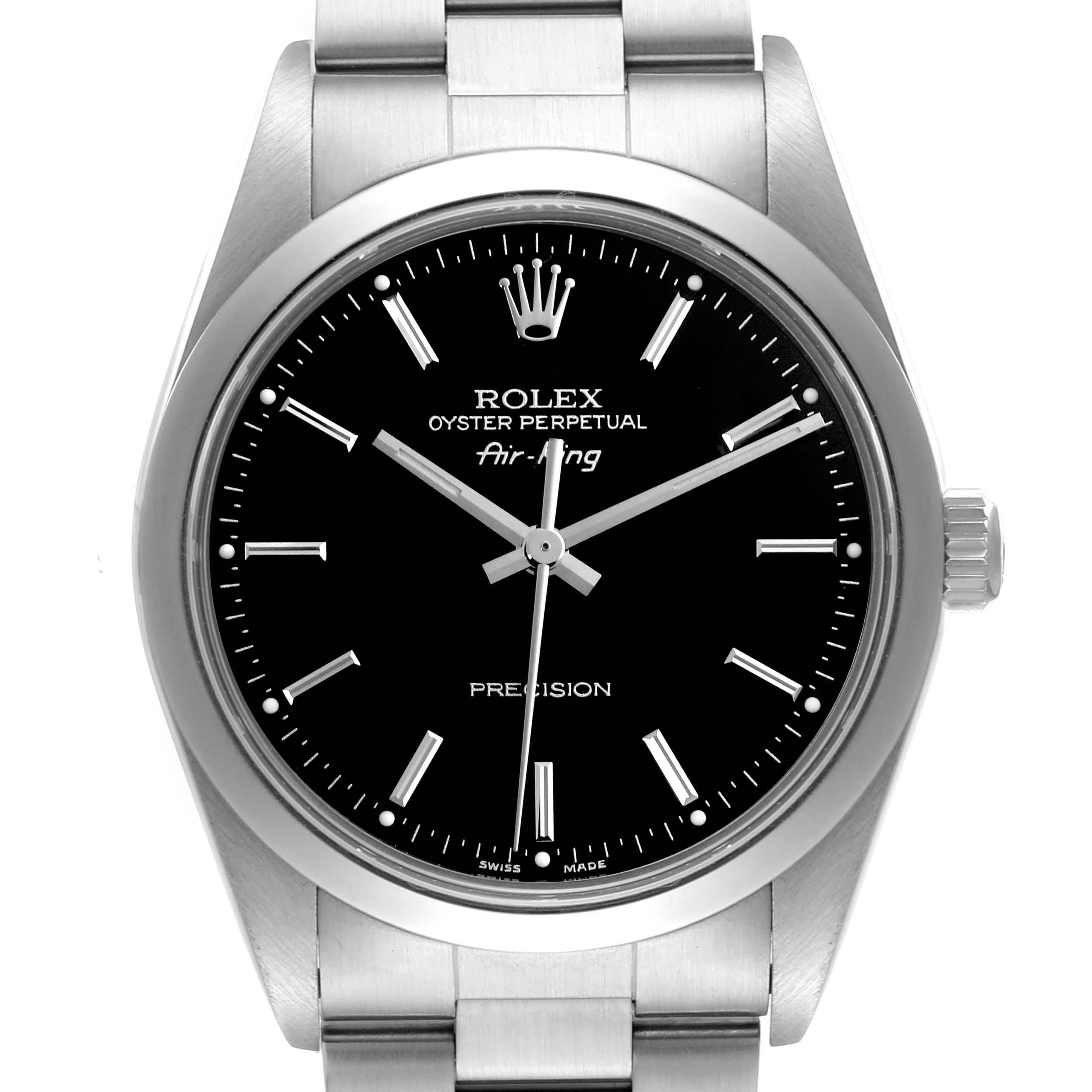 The watch is a Rolex Air-King 14000M Men's Stainless Steel Black Dial 14000M Men's Stainless Steel Black Dial, shown from a front view highlighting its dial and stainless steel bracelet.
