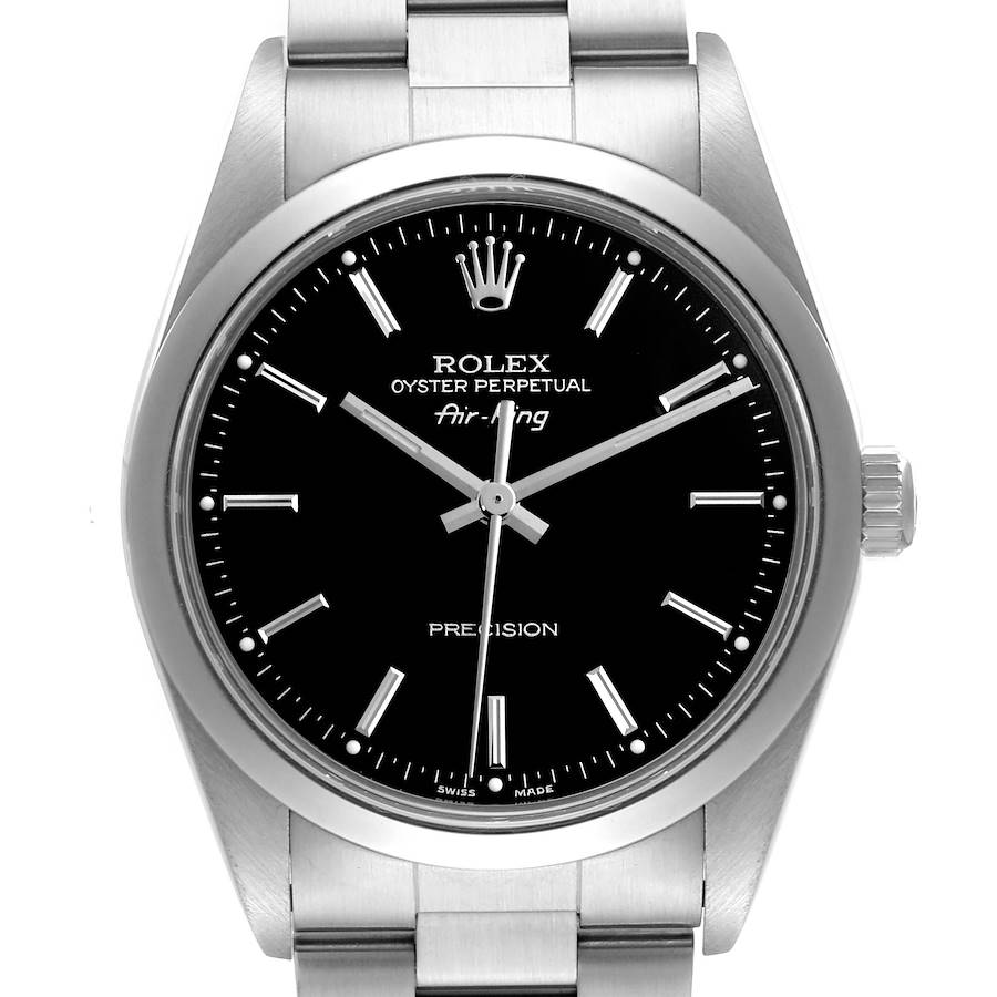 The watch is a Rolex Air-King, shown from a front view highlighting its dial and stainless steel bracelet.