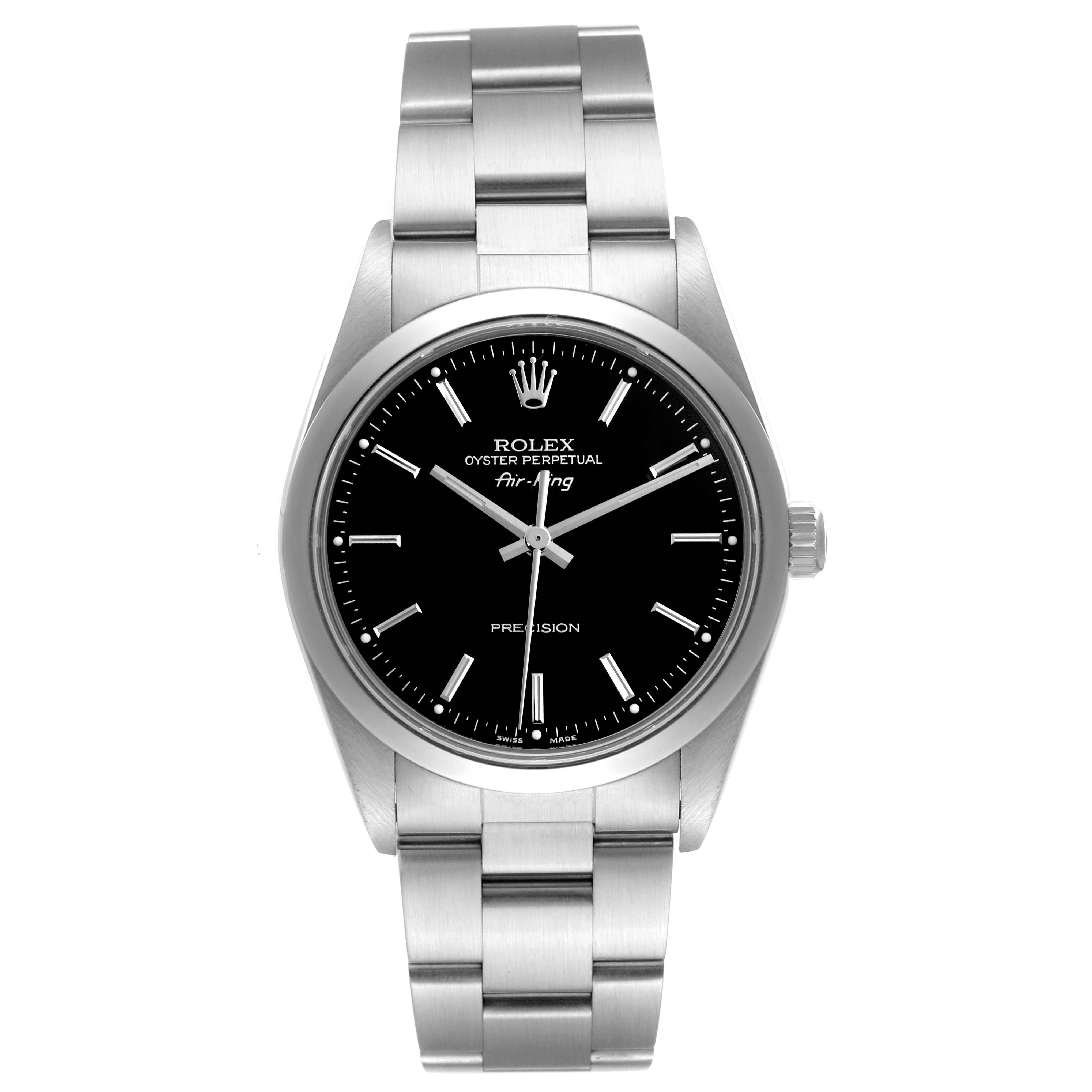 The Rolex Air-King 14000M Men's Stainless Steel Black Dial 14000M Men's Stainless Steel Black Dial watch is shown from a front angle, displaying the dial, bezel, and stainless steel bracelet.