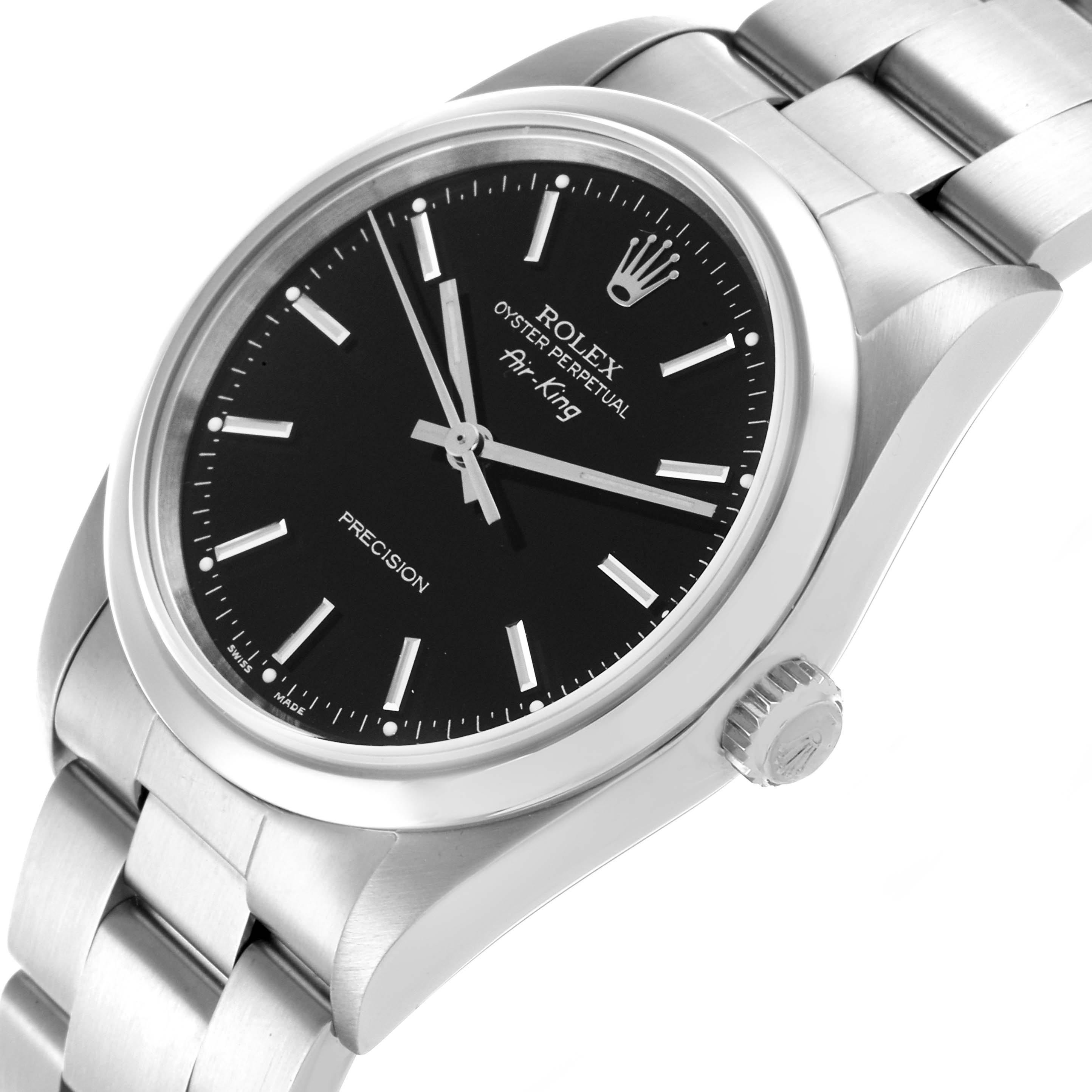 The Rolex Air-King 14000M Men's Stainless Steel Black Dial 14000M Men's Stainless Steel Black Dial watch is shown at an angled view, highlighting the dial, bezel, crown, and bracelet.