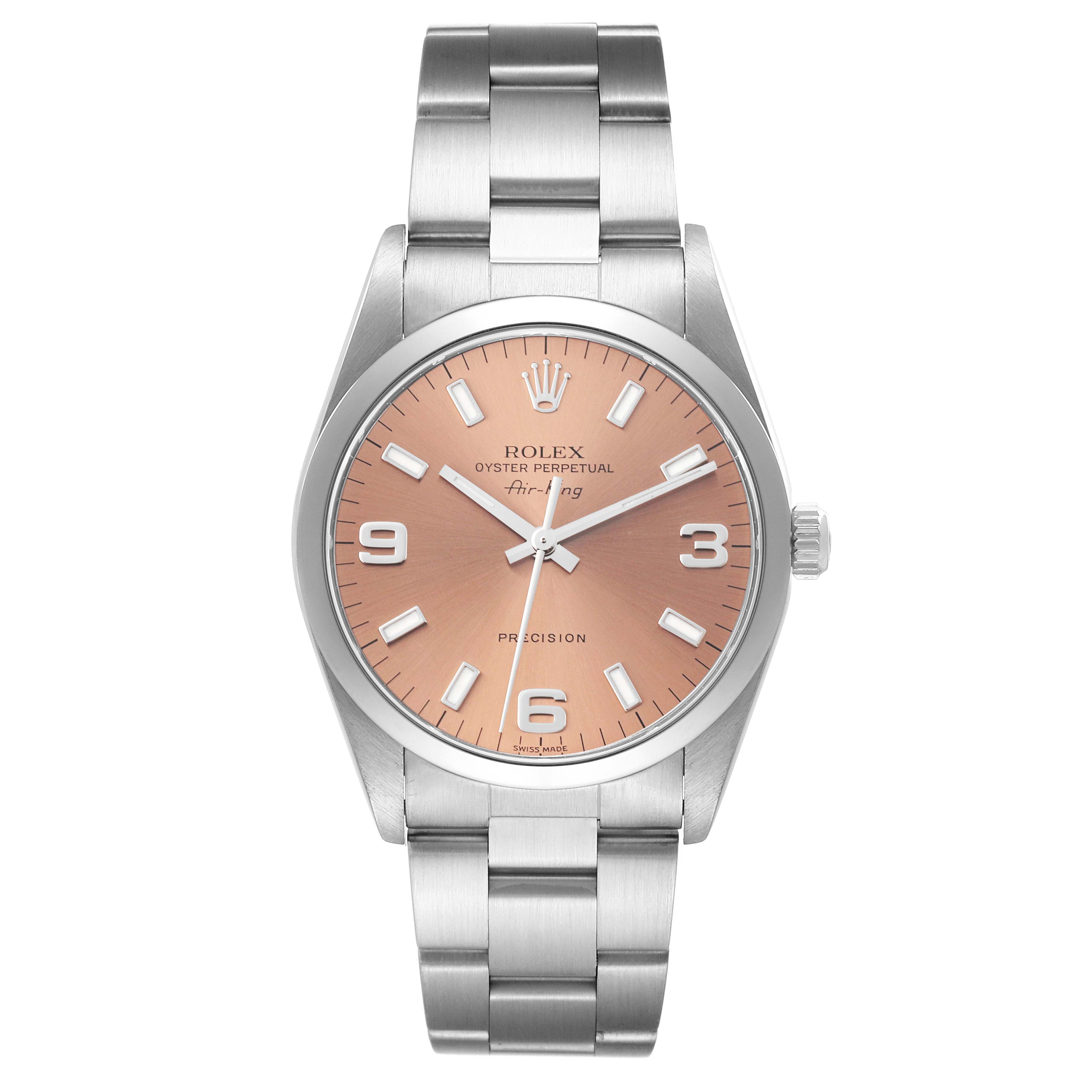 The Rolex Air-King 14000 Men's Stainless Steel Pink Dial 14000 Men's Stainless Steel Pink Dial watch is shown from the front, displaying its face, bezel, and bracelet clearly.