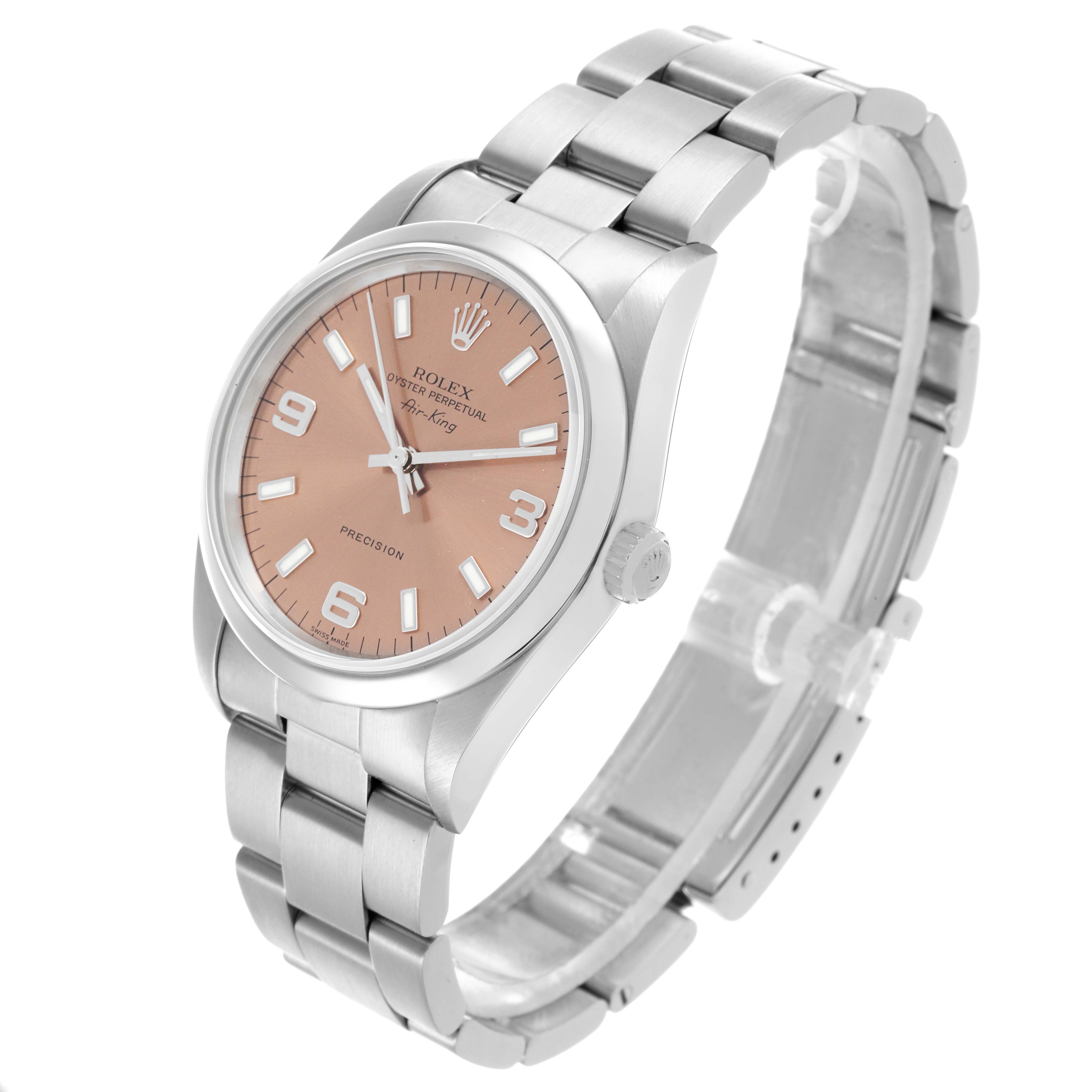 This Rolex Air-King 14000 Men's Stainless Steel Pink Dial 14000 Men's Stainless Steel Pink Dial watch is shown at a three-quarter angle, displaying the face, bezel, crown, and bracelet.