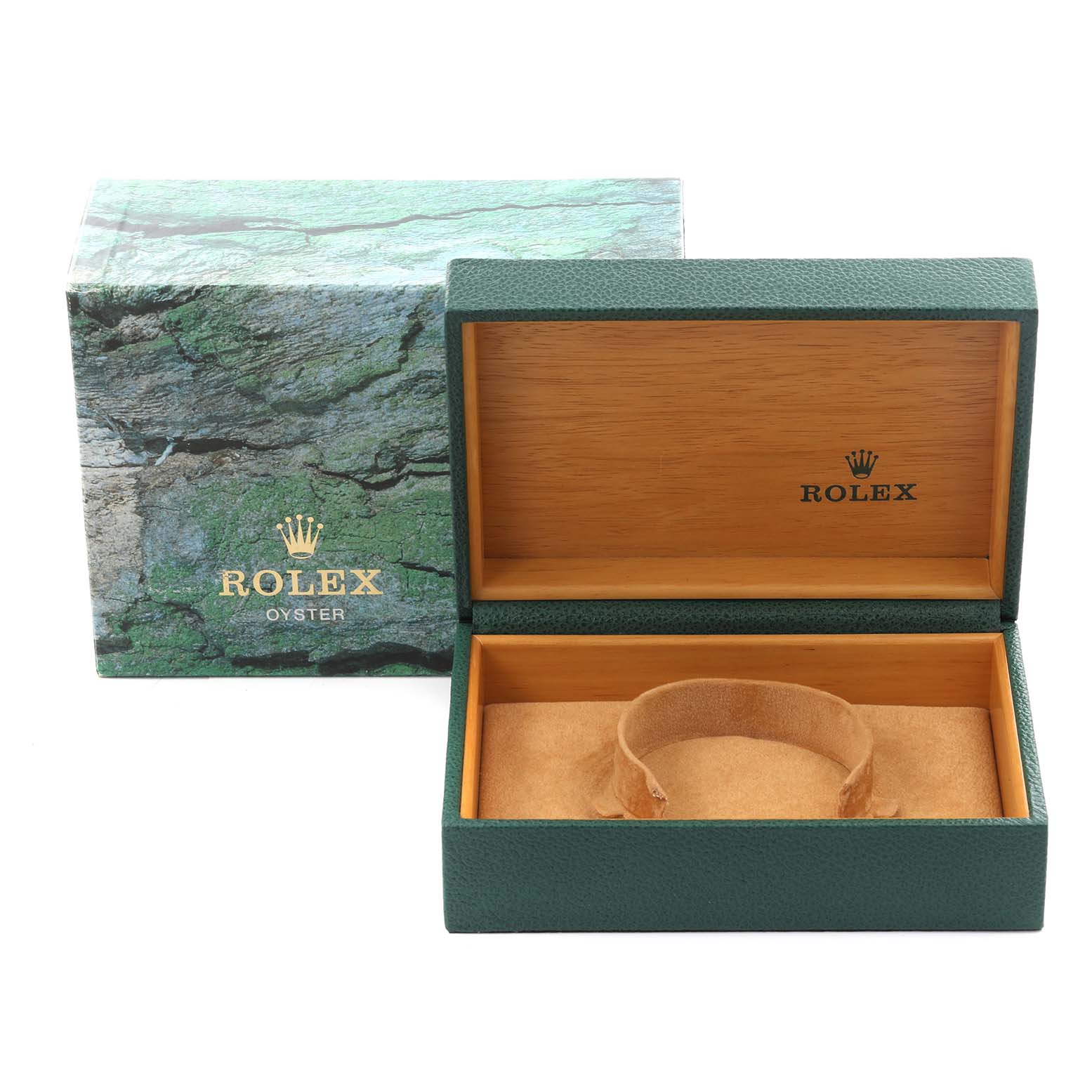 The image shows an open Rolex Air-King 14000 Men's Stainless Steel Pink Dial 14000 Men's Stainless Steel Pink Dial watch box and outer packaging from above.