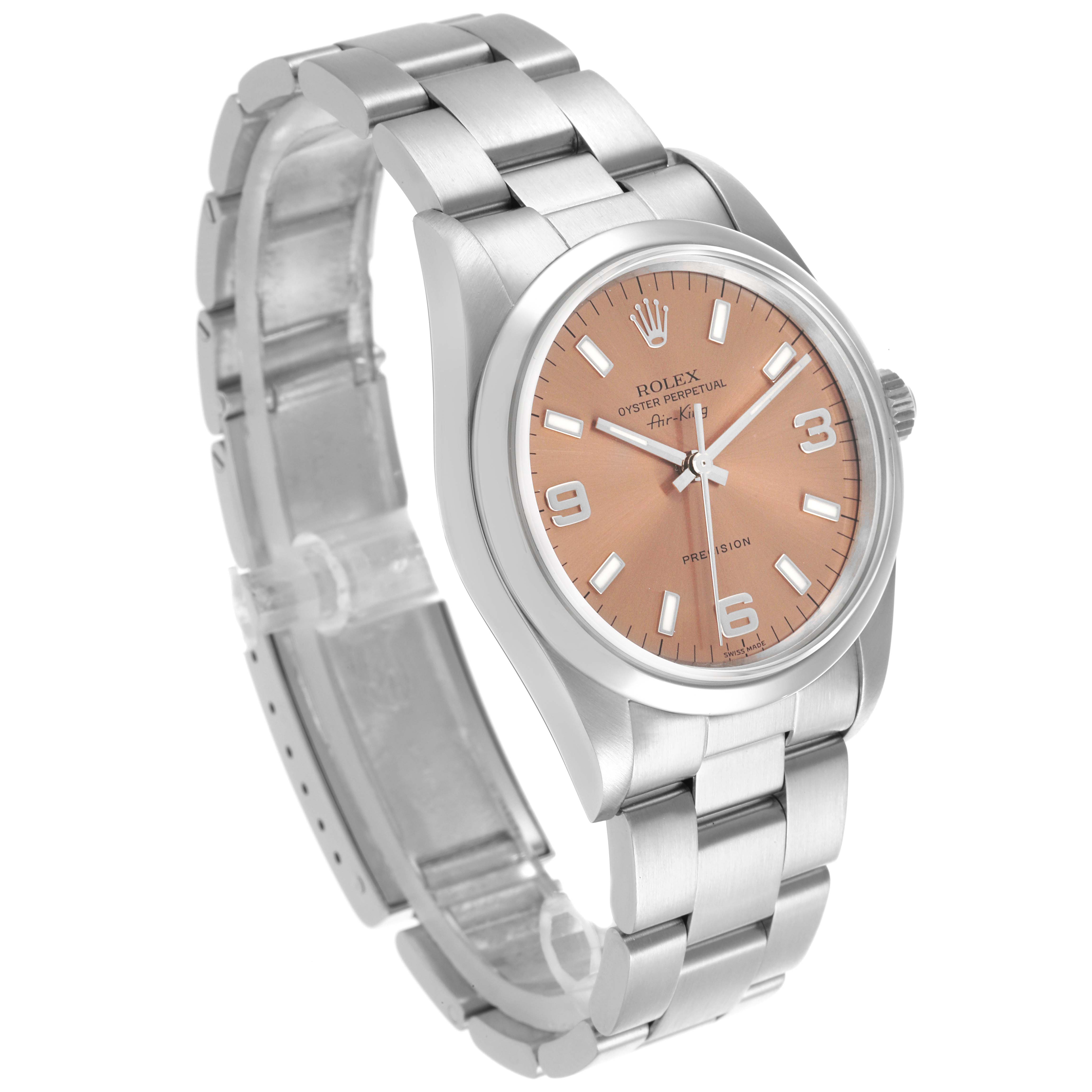 The Rolex Air-King 14000 Men's Stainless Steel Pink Dial 14000 Men's Stainless Steel Pink Dial watch is shown at a three-quarter angle, displaying the case, dial, crown, and bracelet.