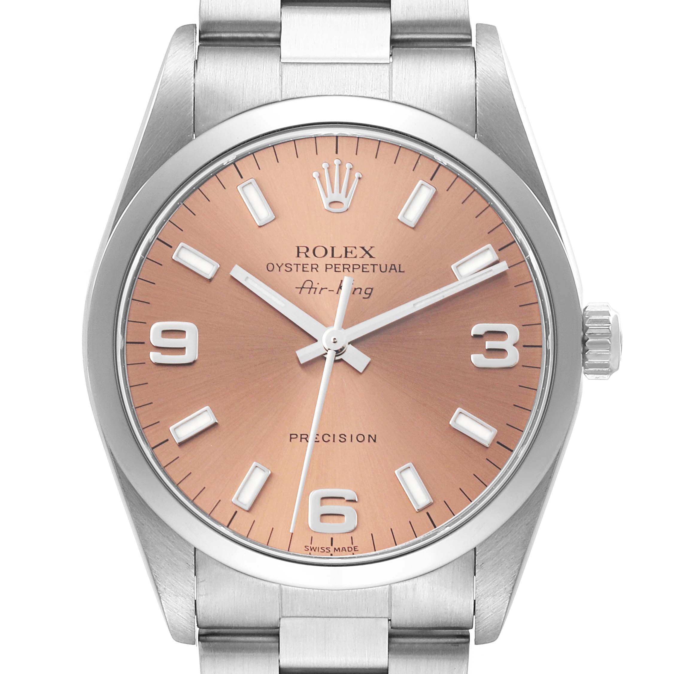 The image shows a Rolex Air-King 14000 Men's Stainless Steel Pink Dial 14000 Men's Stainless Steel Pink Dial watch from the front, highlighting the dial, hands, case, and part of the bracelet.