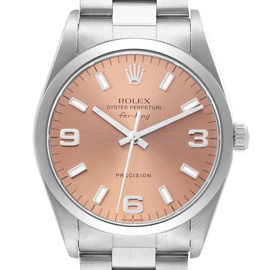 The image shows a Rolex Air-King watch from the front, highlighting the dial, hands, case, and part of the bracelet.