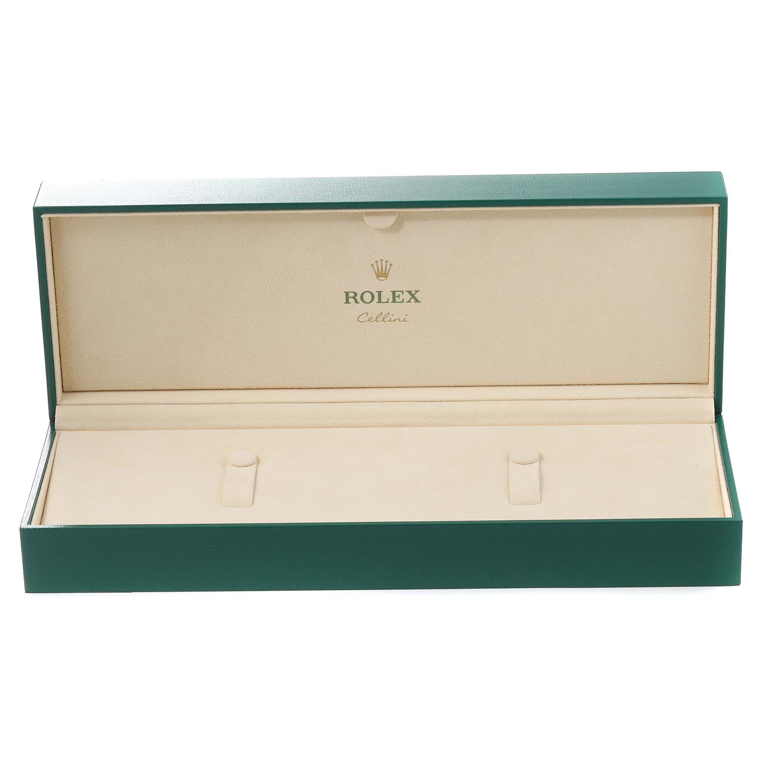 This image shows an open watch box for the Rolex Cellini 50515 Men's Rose Gold Black Dial 50515 Men's Rose Gold Black Dial model, viewed from the front, revealing its interior branding and slots.