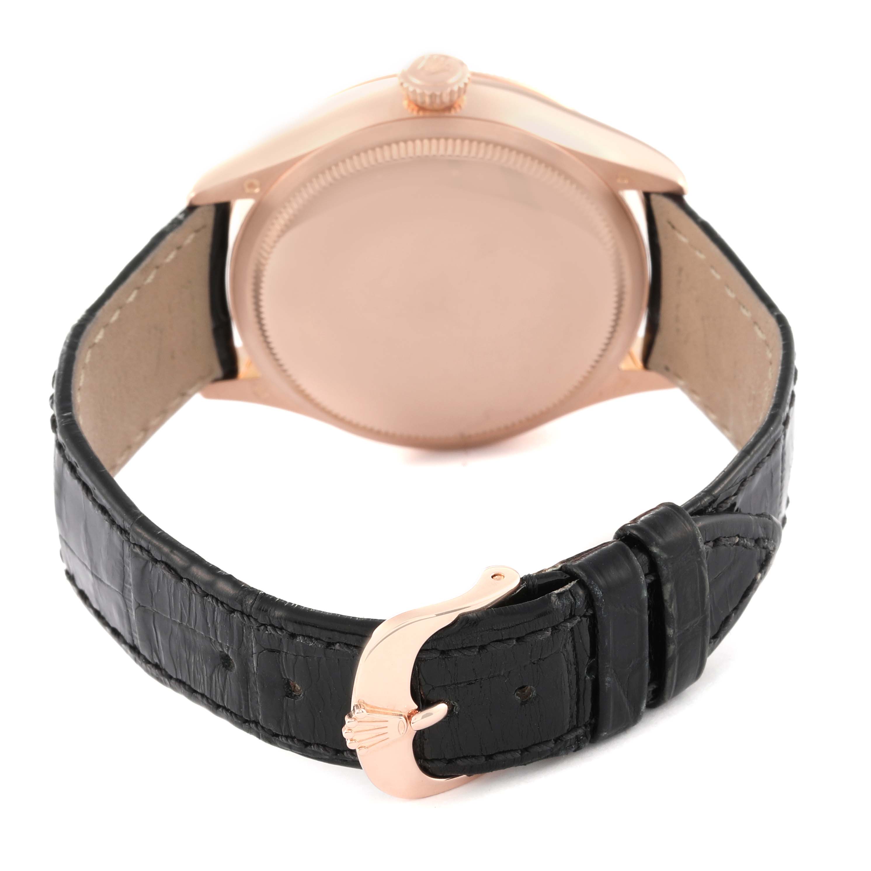 The image shows the back and strap of a Rolex Cellini 50515 Men's Rose Gold Black Dial 50515 Men's Rose Gold Black Dial watch, highlighting the case back and leather strap.