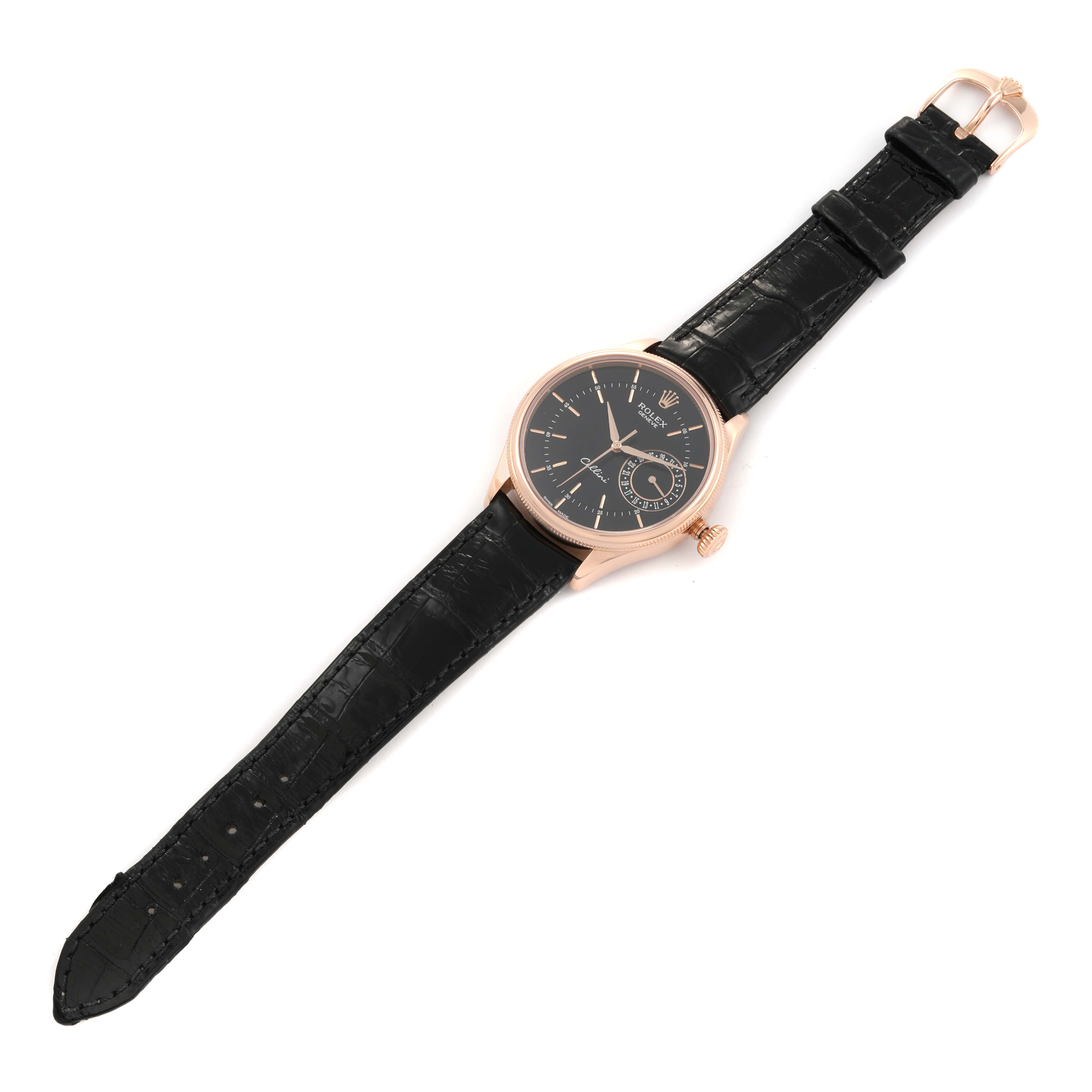 The image shows a Rolex Cellini 50515 Men's Rose Gold Black Dial 50515 Men's Rose Gold Black Dial watch angled flat, displaying the face, crown, and black leather strap.