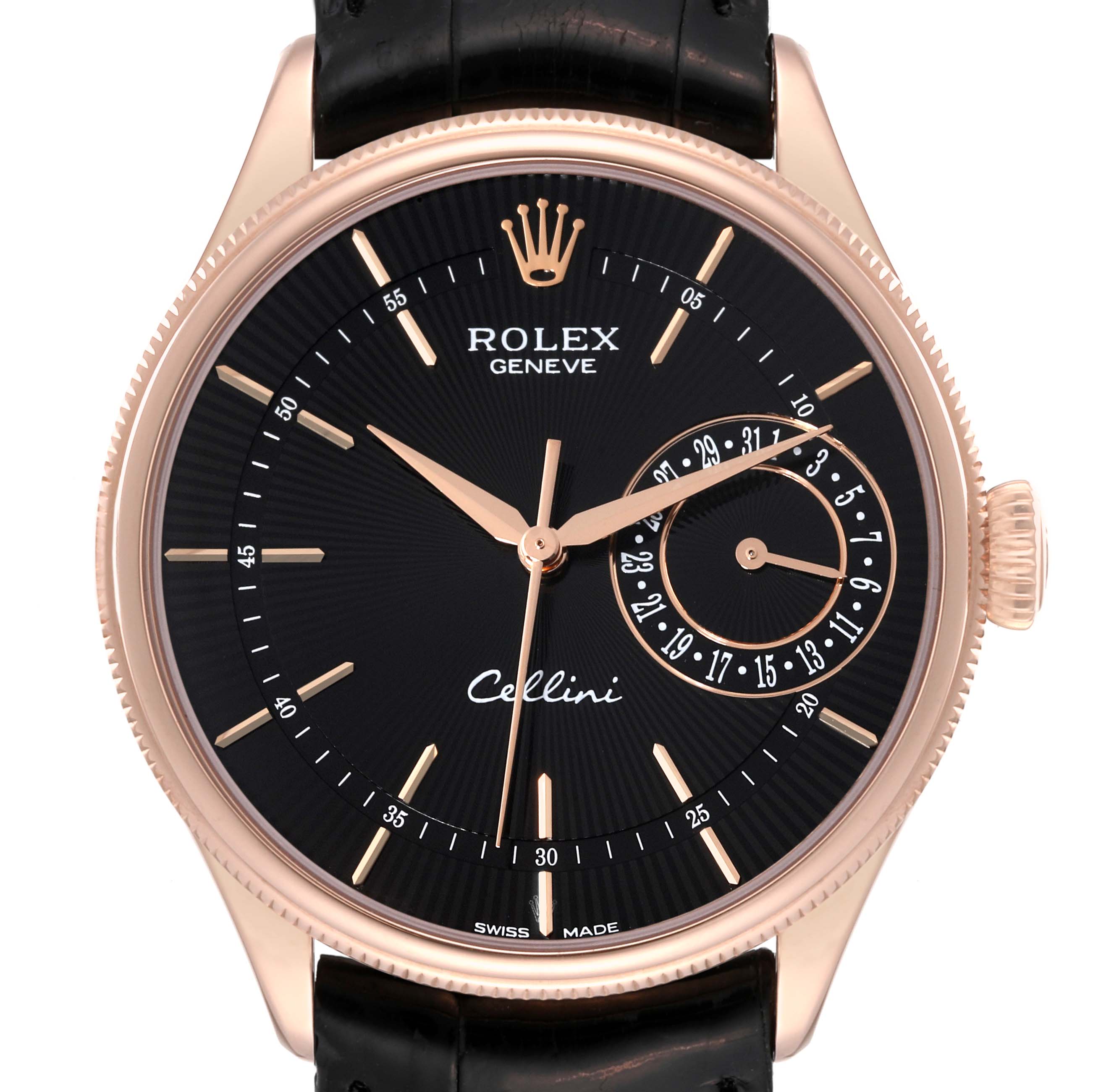 The Rolex Cellini 50515 Men's Rose Gold Black Dial 50515 Men's Rose Gold Black Dial watch is shown from a front angle, featuring a black dial with rose gold accents and a subdial for the date.