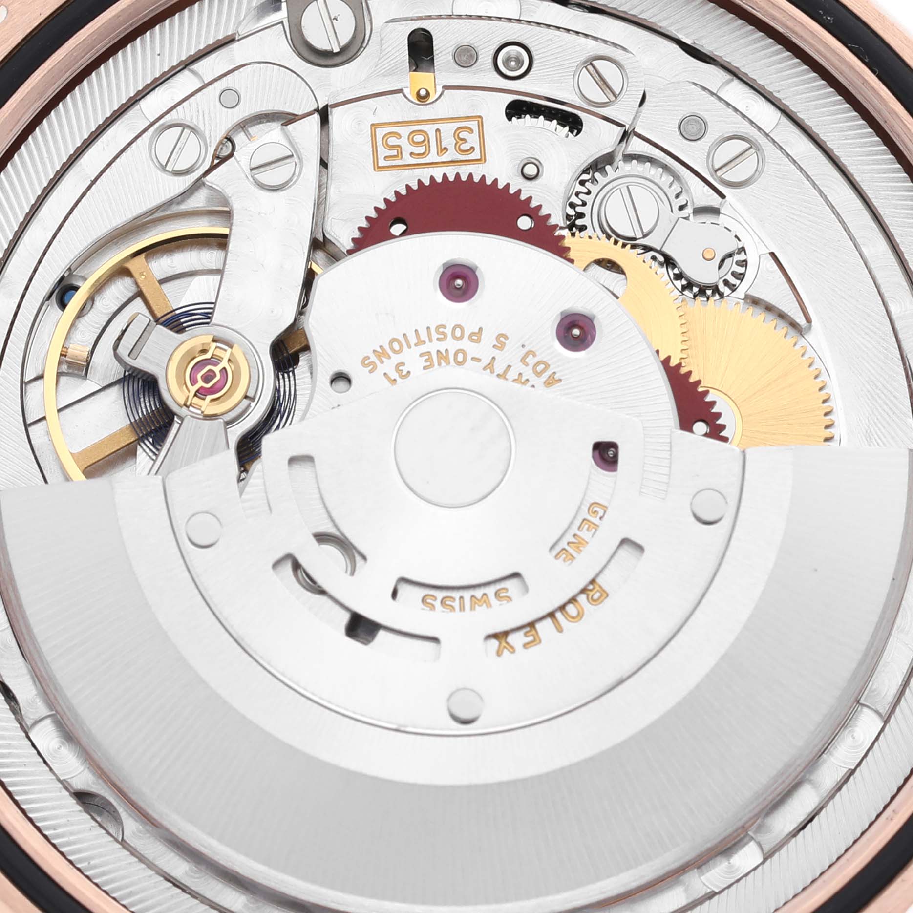 This close-up shot shows the intricate mechanical movement of the Rolex Cellini 50515 Men's Rose Gold Black Dial 50515 Men's Rose Gold Black Dial watch.