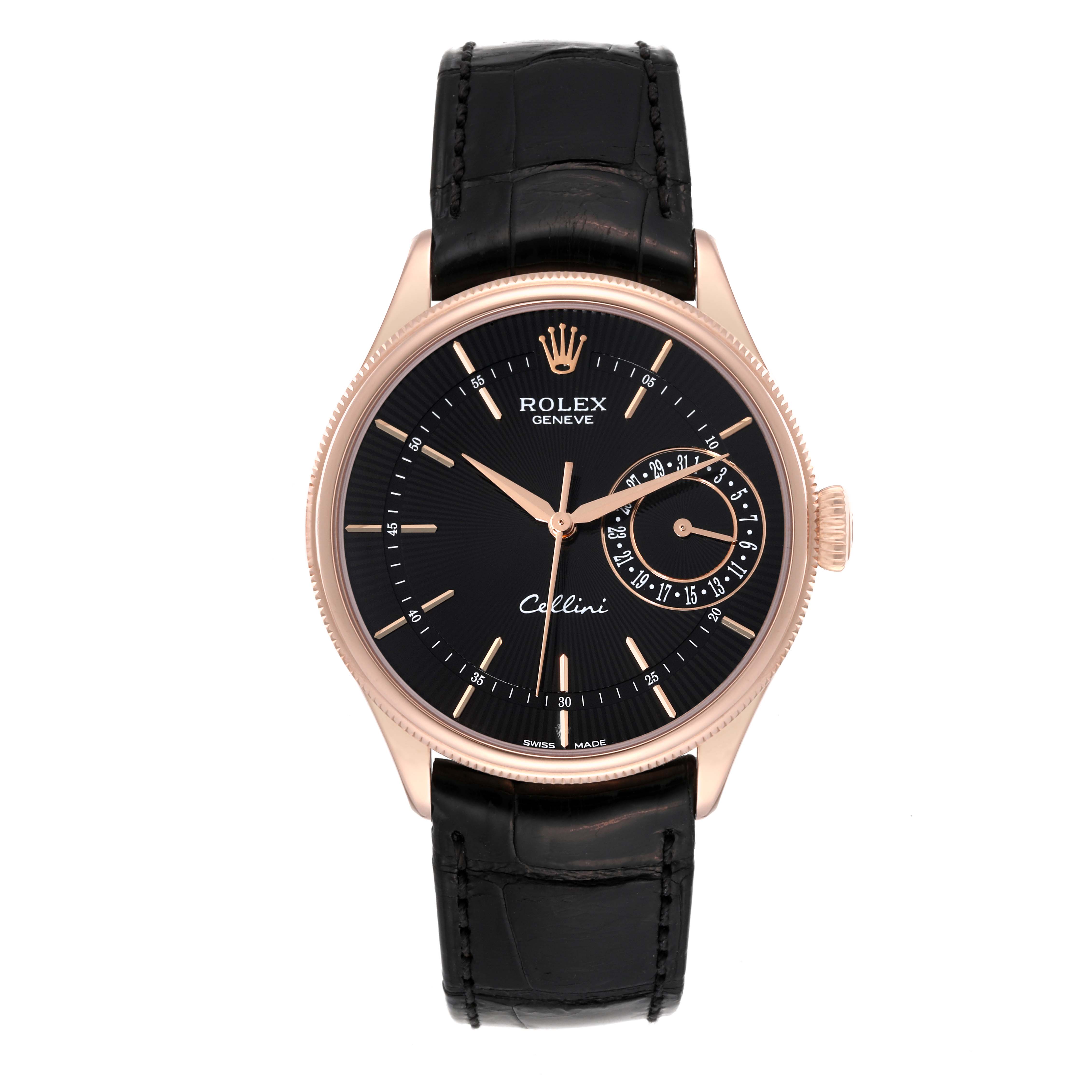 The image shows a front view of a Rolex Cellini 50515 Men's Rose Gold Black Dial 50515 Men's Rose Gold Black Dial watch with a black dial, rose gold case, and black leather strap.