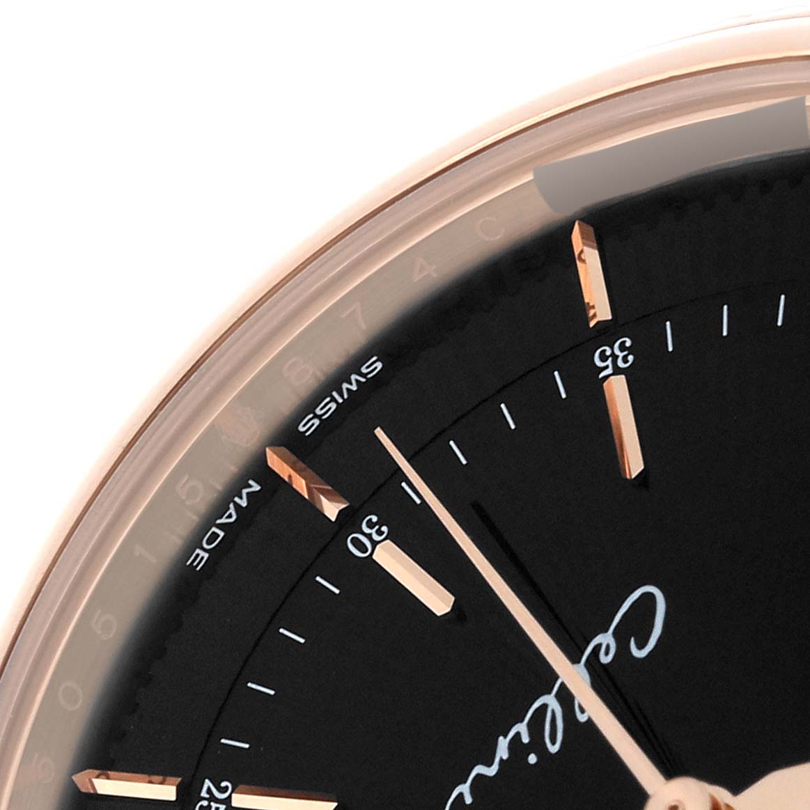 The image shows a close-up of the dial and hour markers on the Rolex Cellini 50515 Men's Rose Gold Black Dial 50515 Men's Rose Gold Black Dial model watch.
