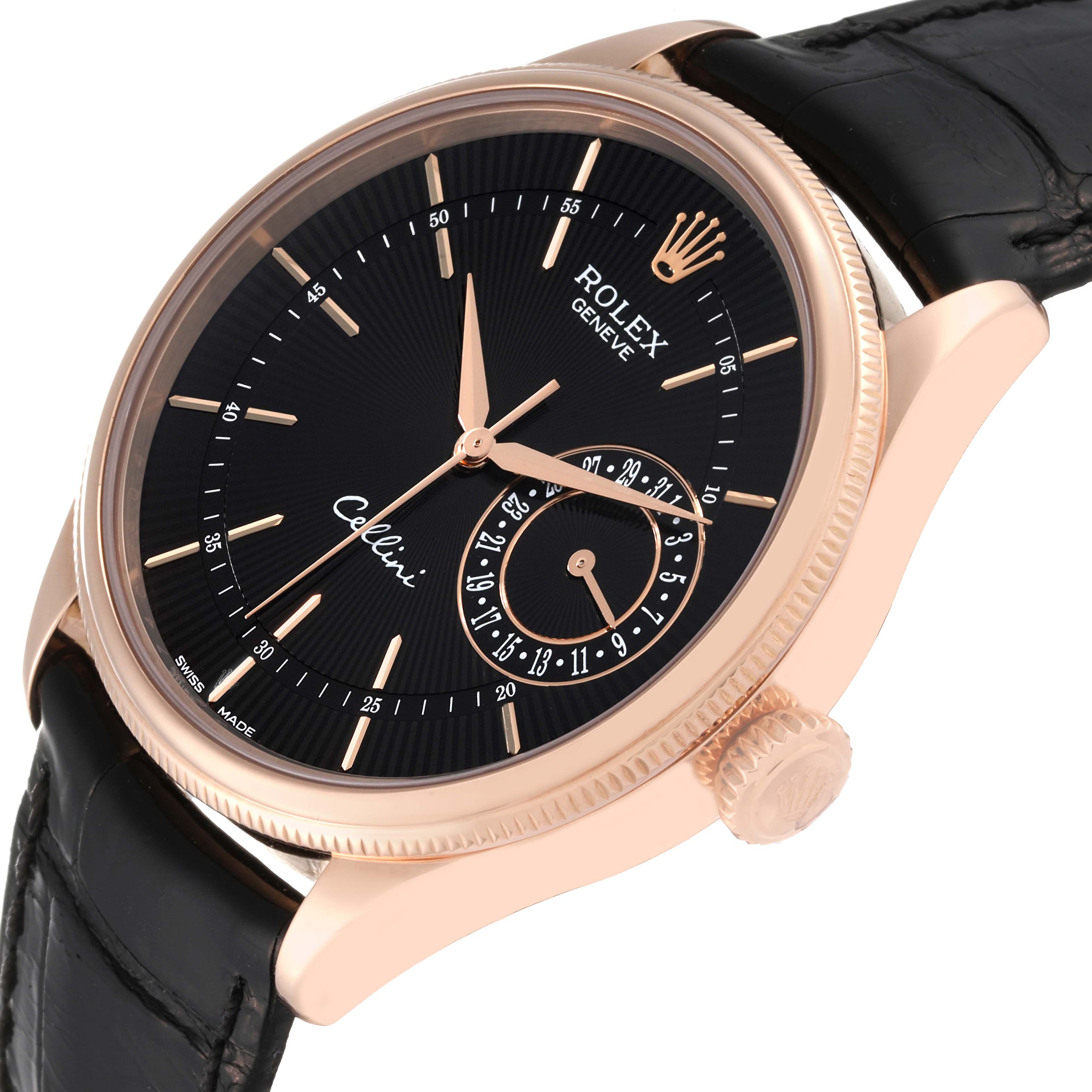 This image shows a close-up angle of the Rolex Cellini 50515 Men's Rose Gold Black Dial 50515 Men's Rose Gold Black Dial watch face, crown, and part of the leather strap.