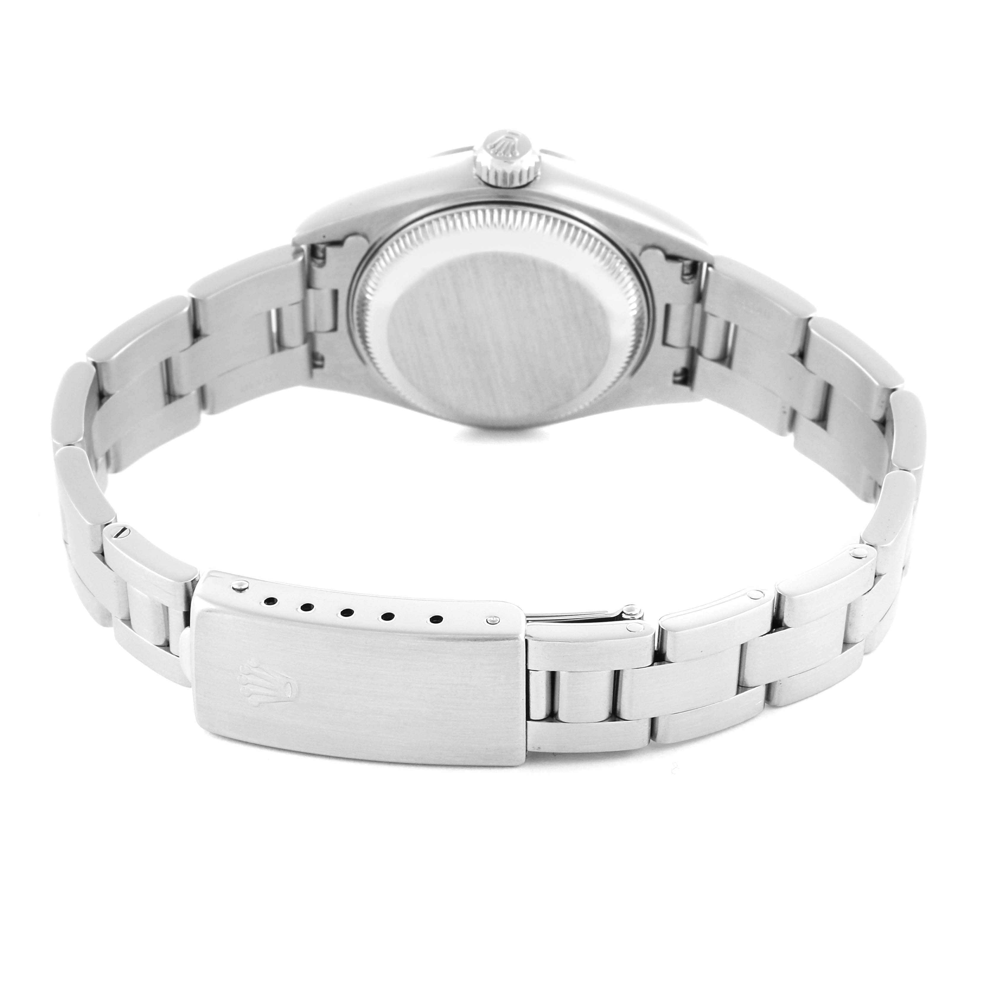 The image shows the back case and clasp of the Rolex Date 69160 Women's Stainless Steel Black Dial 69160 Women's Stainless Steel Black Dial watch.