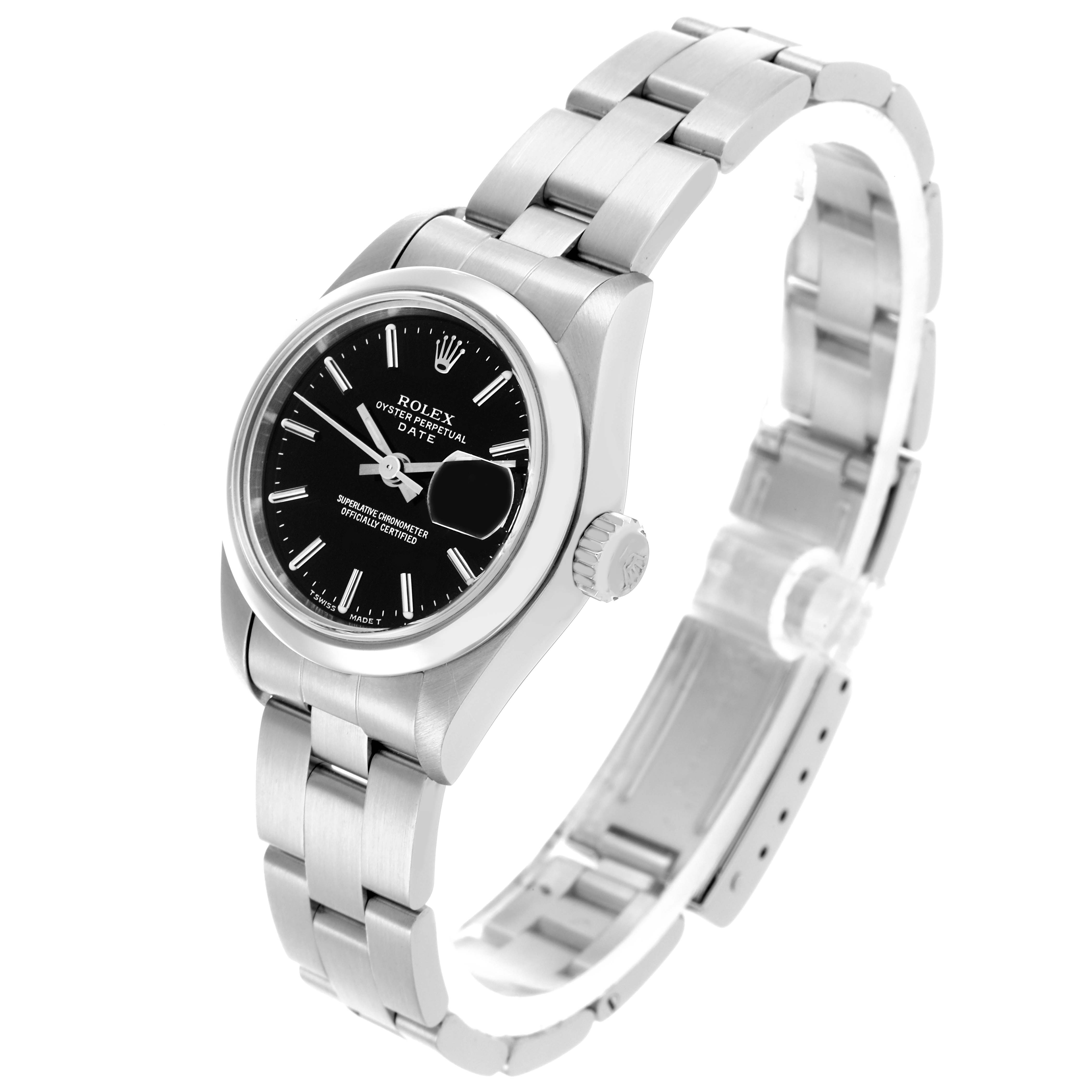 The Rolex Date 69160 Women's Stainless Steel Black Dial 69160 Women's Stainless Steel Black Dial model is shown at a three-quarter angle, displaying its face, crown, and bracelet.