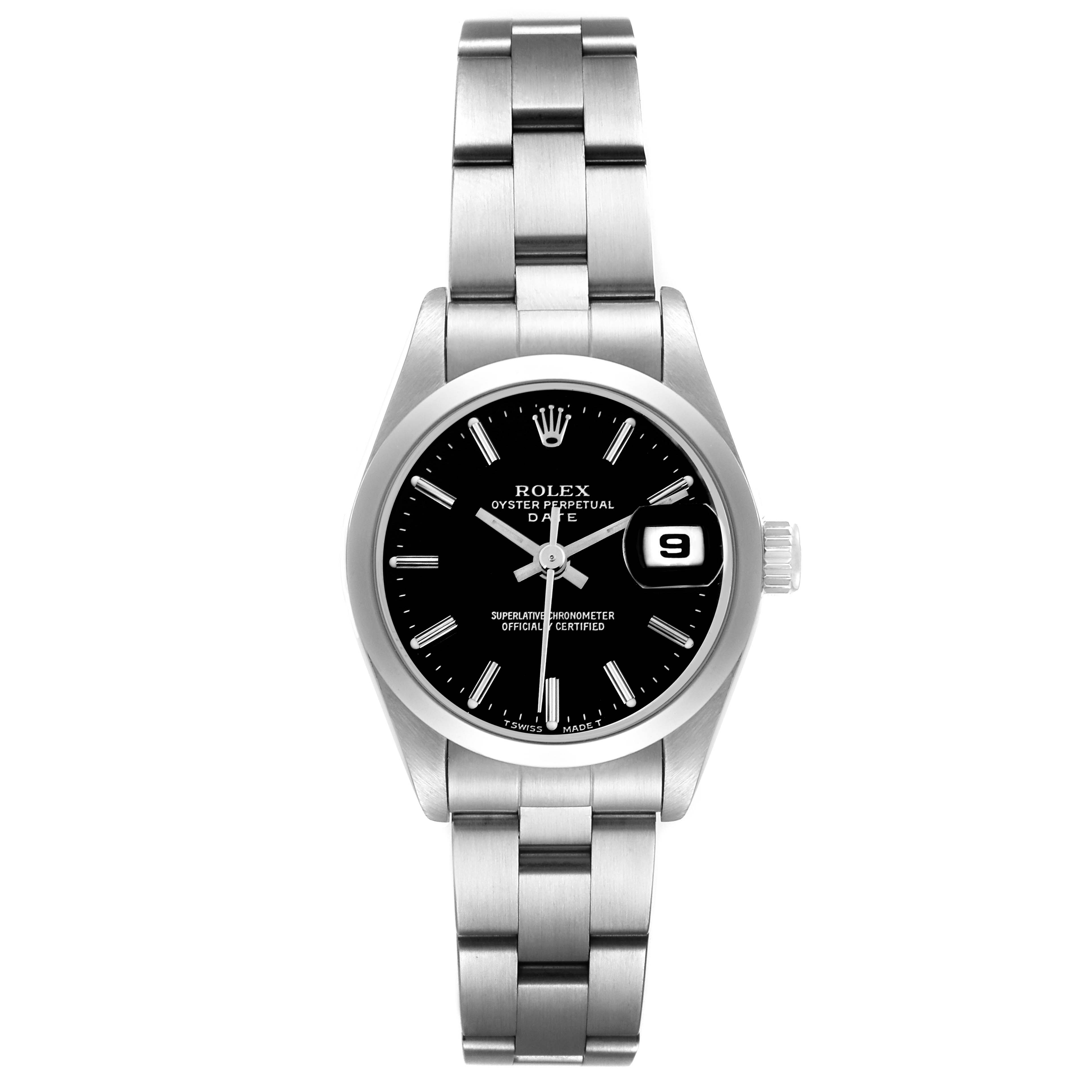 The Rolex Date 69160 Women's Stainless Steel Black Dial 69160 Women's Stainless Steel Black Dial model watch is shown from a front angle, highlighting the dial, bezel, and bracelet.