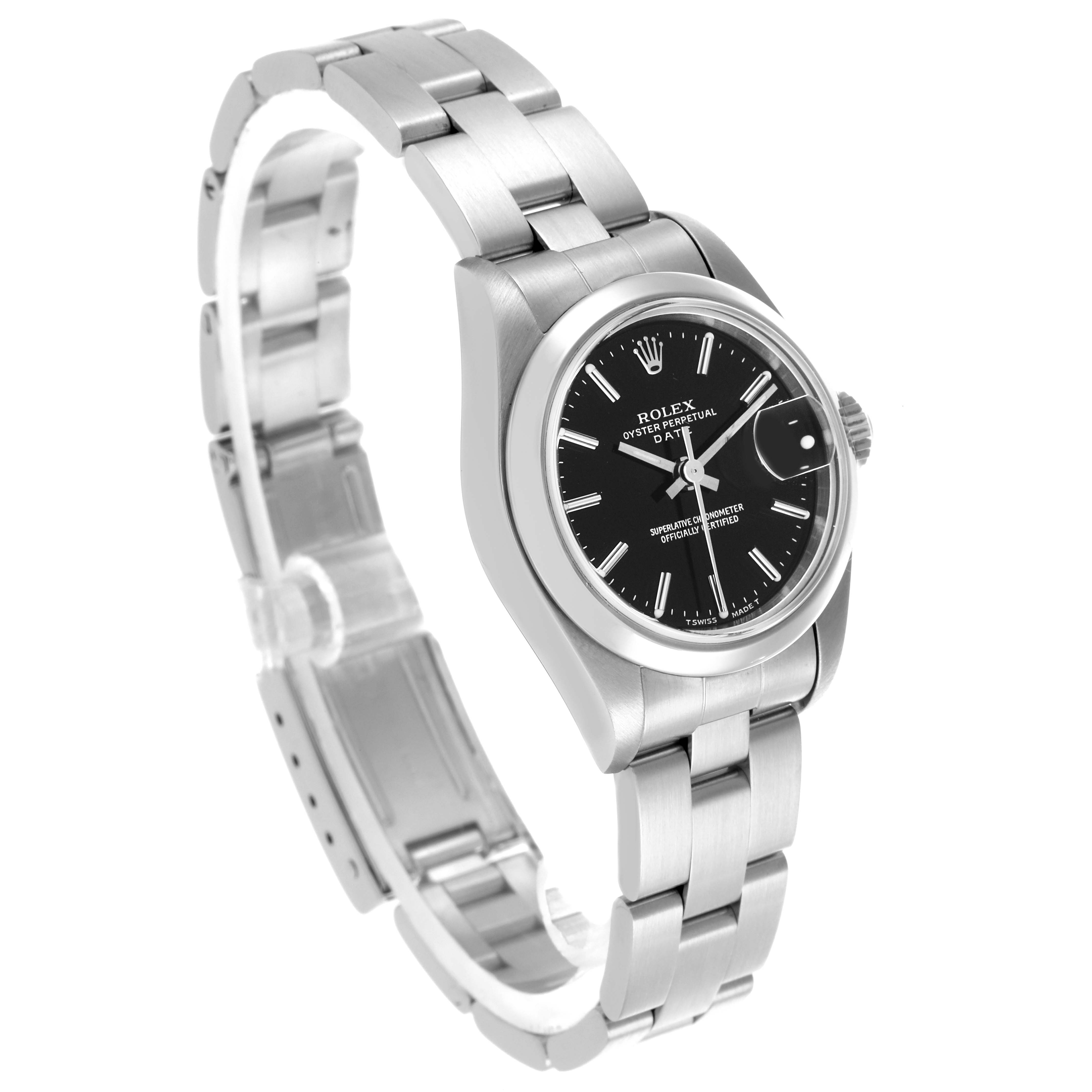 The Rolex Date 69160 Women's Stainless Steel Black Dial 69160 Women's Stainless Steel Black Dial watch is shown at an angle highlighting the face, bracelet, and partially open clasp.