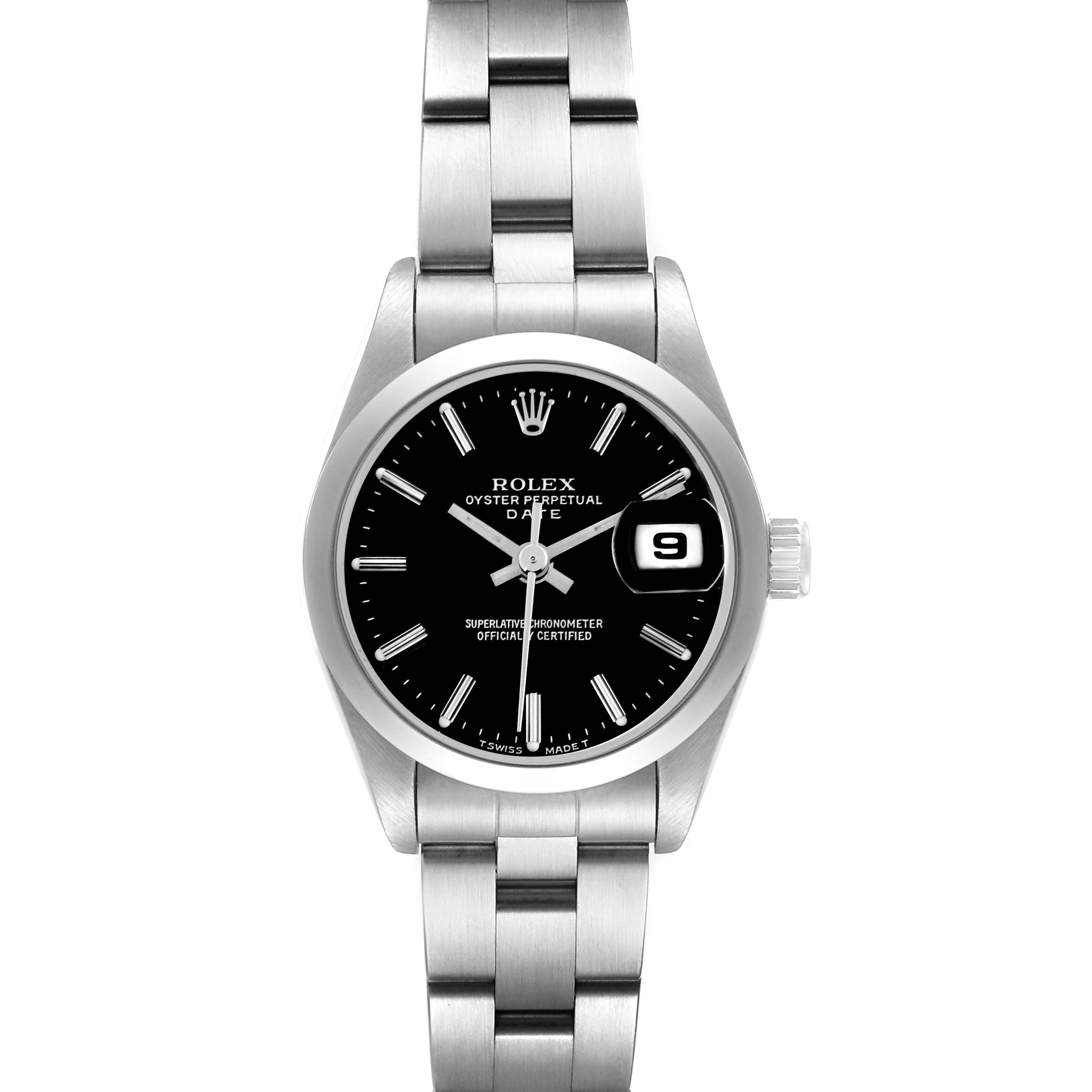 The Rolex Date 69160 Women's Stainless Steel Black Dial 69160 Women's Stainless Steel Black Dial model is shown from a front view, highlighting the black dial, stainless steel bracelet, and date window.