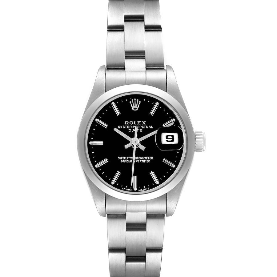 The Rolex Date model is shown from a front view, highlighting the black dial, stainless steel bracelet, and date window.