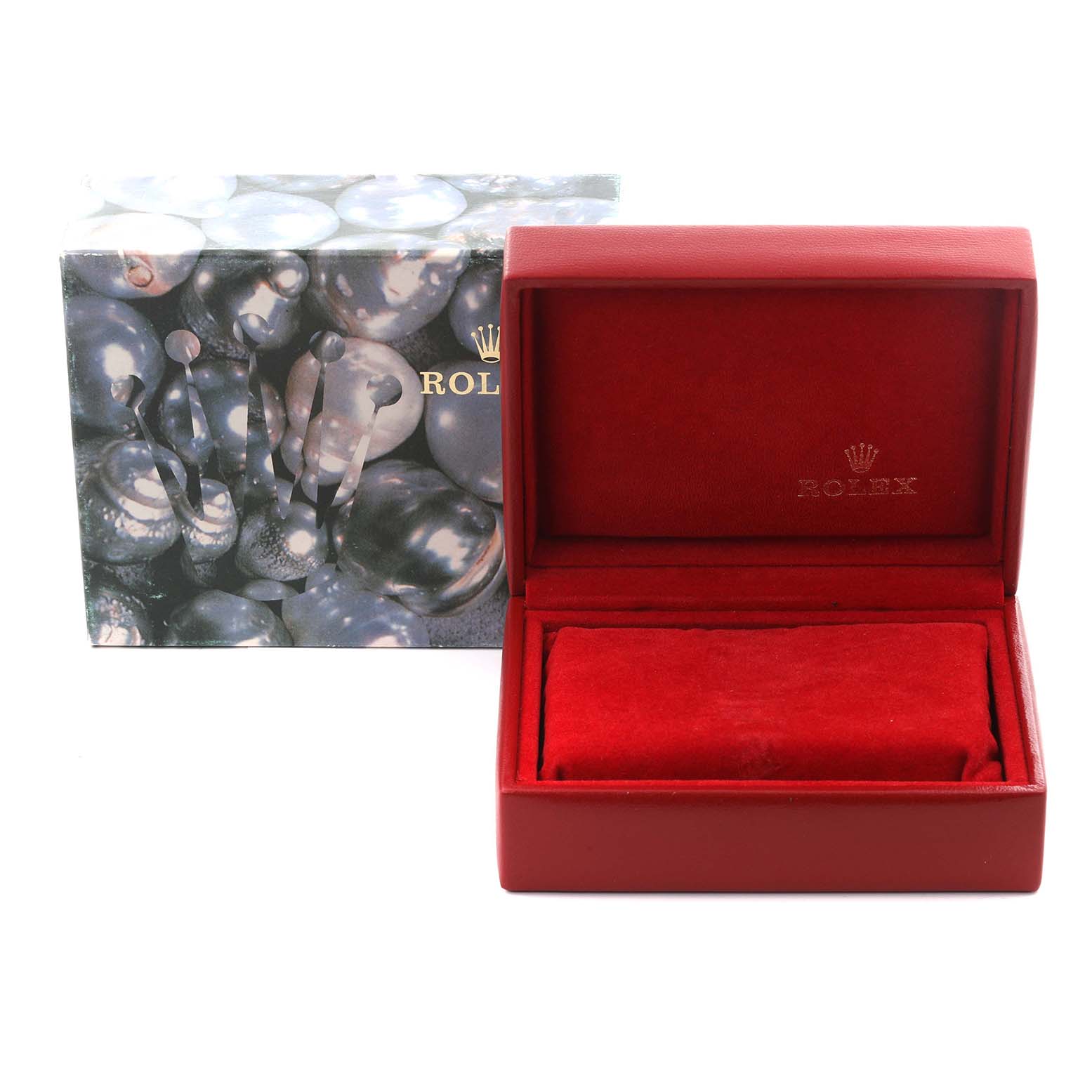 The image shows a Rolex Date 69160 Women's Stainless Steel Black Dial 69160 Women's Stainless Steel Black Dial watch box and cushion from a front angle, featuring red interior and decorative packaging.