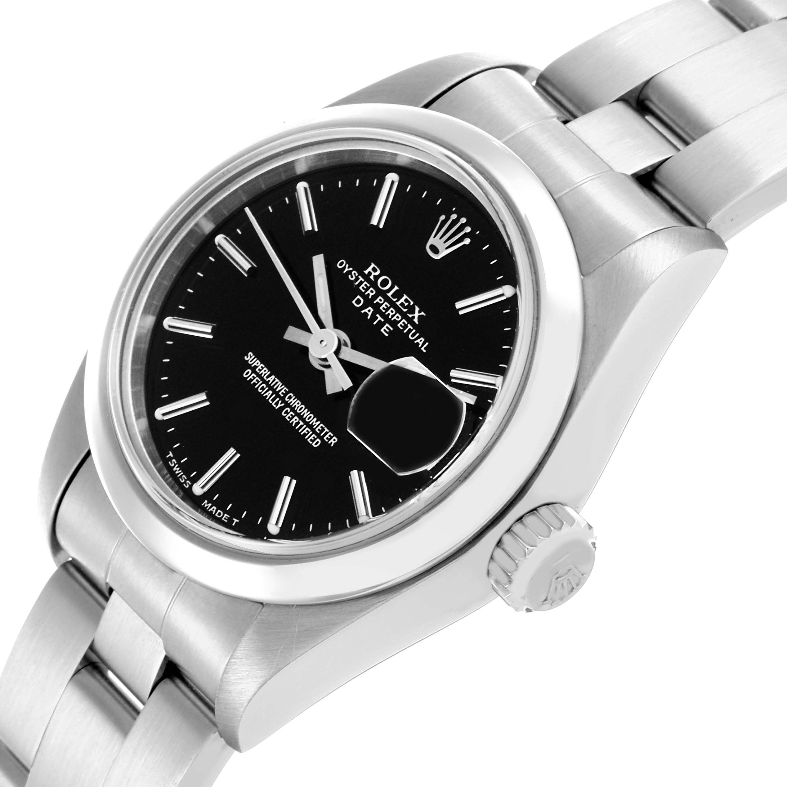 The Rolex Date 69160 Women's Stainless Steel Black Dial 69160 Women's Stainless Steel Black Dial model watch is shown from an angle highlighting the face, bezel, crown, and part of the bracelet.