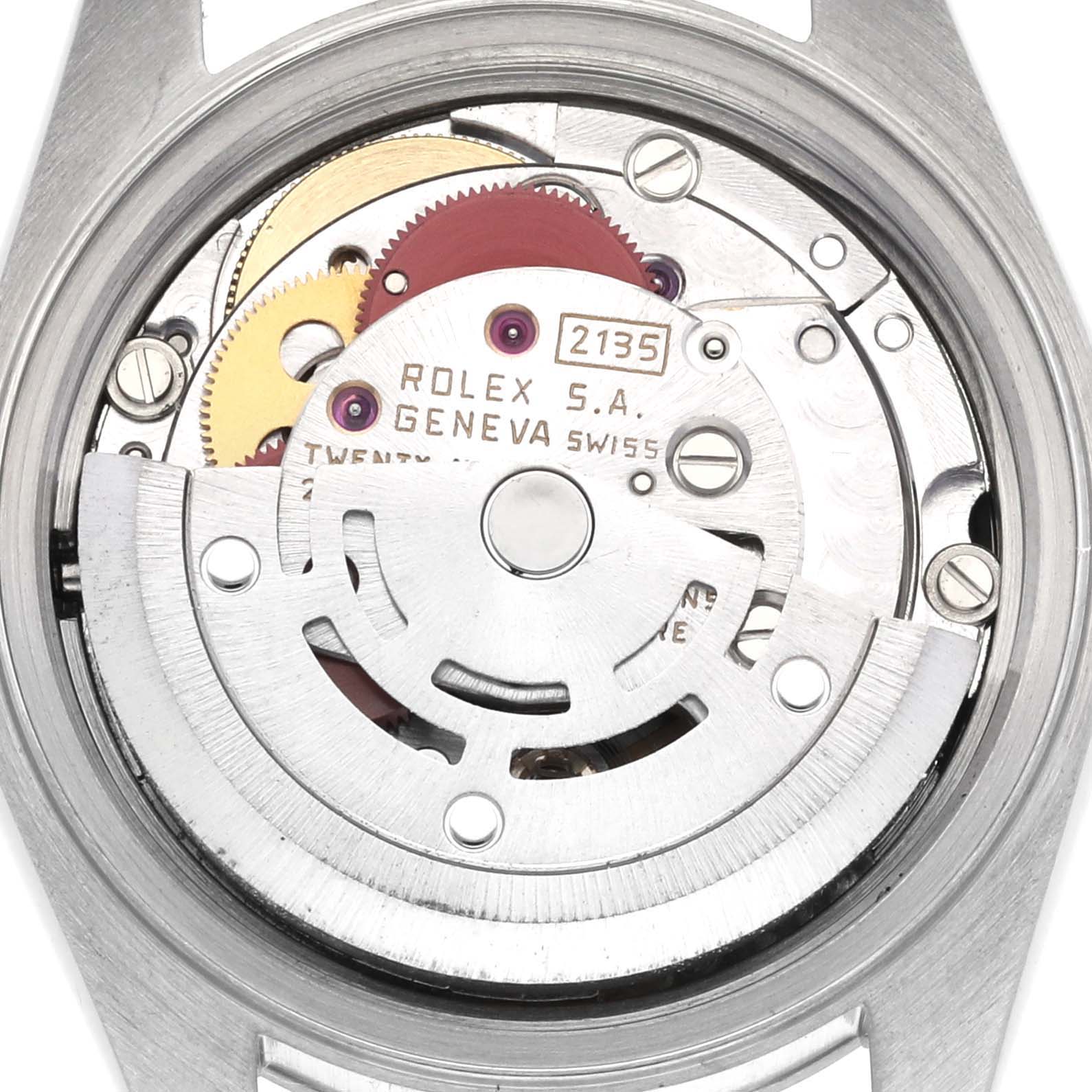 The image shows the movement mechanism of a Rolex Date 69160 Women's Stainless Steel Black Dial 69160 Women's Stainless Steel Black Dial model, viewed from the back with visible gears and rotor.