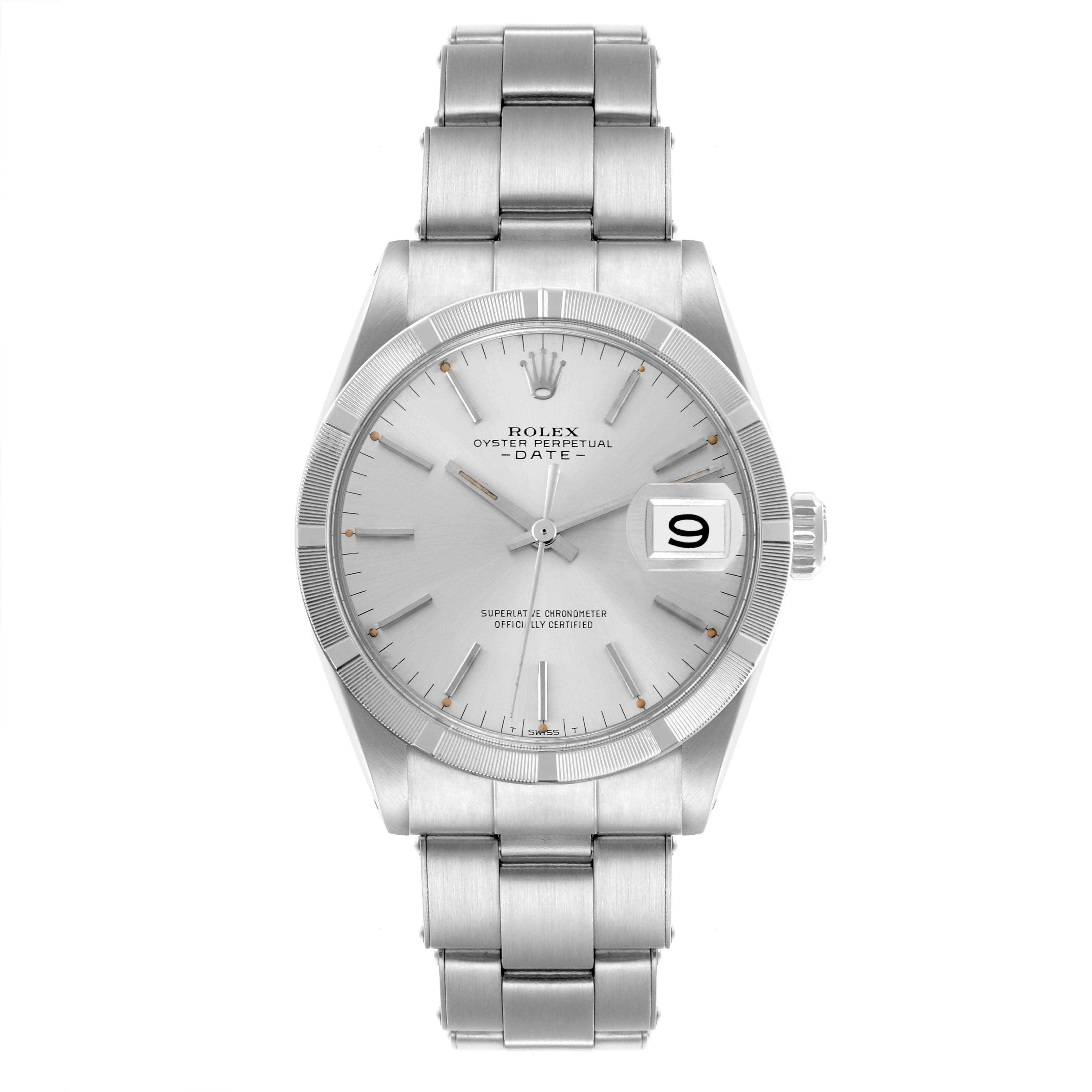 The Rolex Date 1501 Men
s Stainless Steel Silver Dial 1501 Men
s Stainless Steel Silver Dial model is shown from a front angle, displaying the face, bracelet, and date feature.