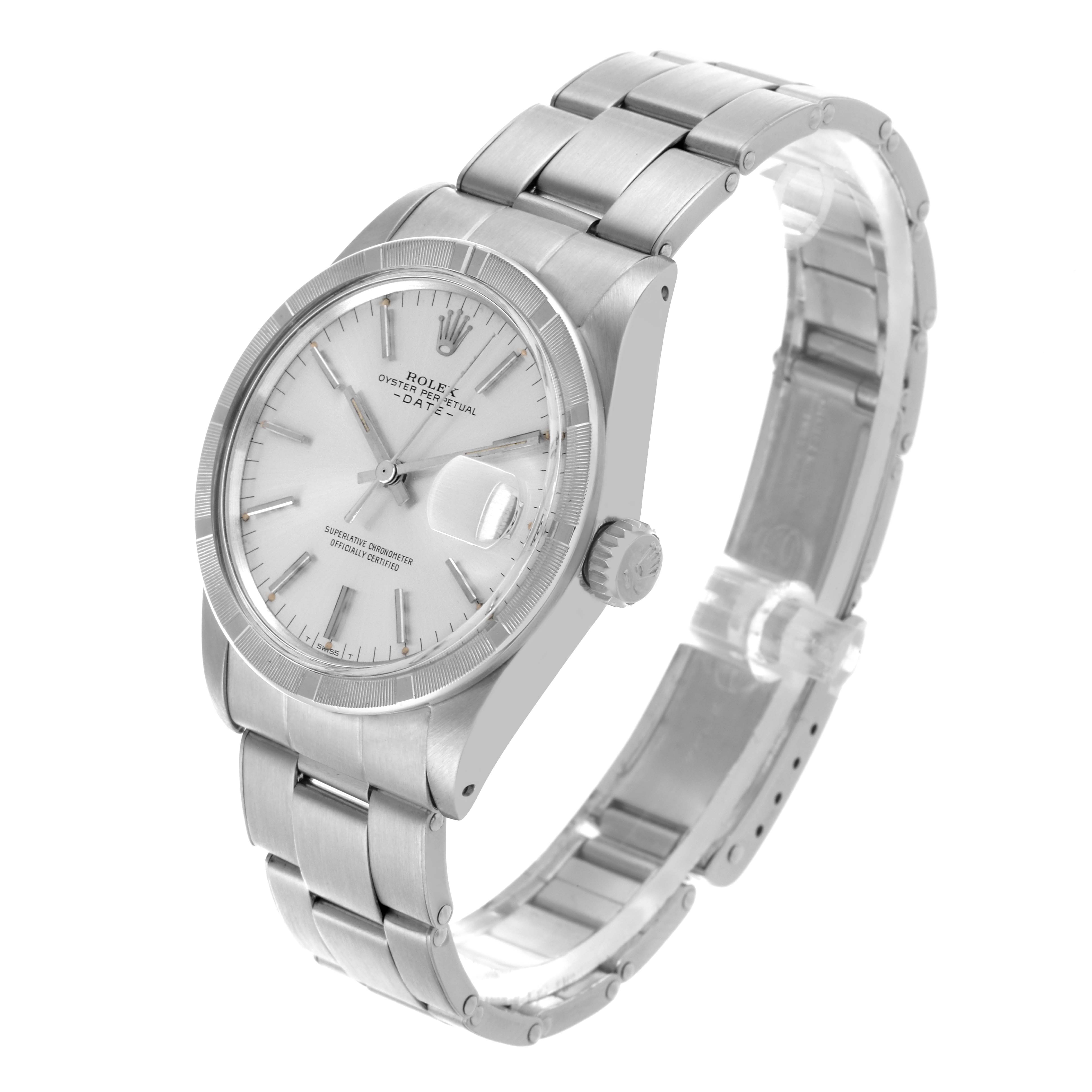 This Rolex Date 1501 Men
s Stainless Steel Silver Dial 1501 Men
s Stainless Steel Silver Dial watch is shown at a three-quarters angle, displaying the bracelet, bezel, and crown.