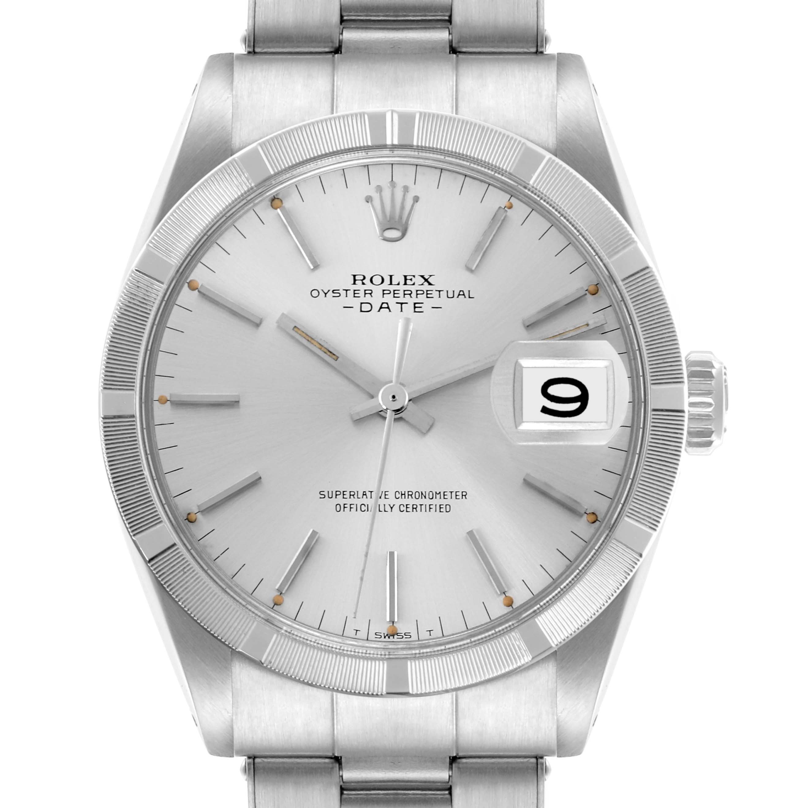 The image shows a frontal view of the Rolex Date 1501 Men
s Stainless Steel Silver Dial 1501 Men
s Stainless Steel Silver Dial watch, displaying the dial, bezel, crown, and part of the bracelet.