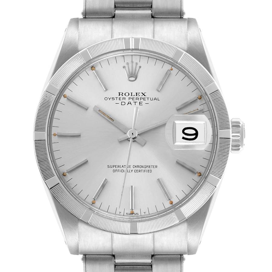 The image shows a frontal view of the Rolex Date watch, displaying the dial, bezel, crown, and part of the bracelet.