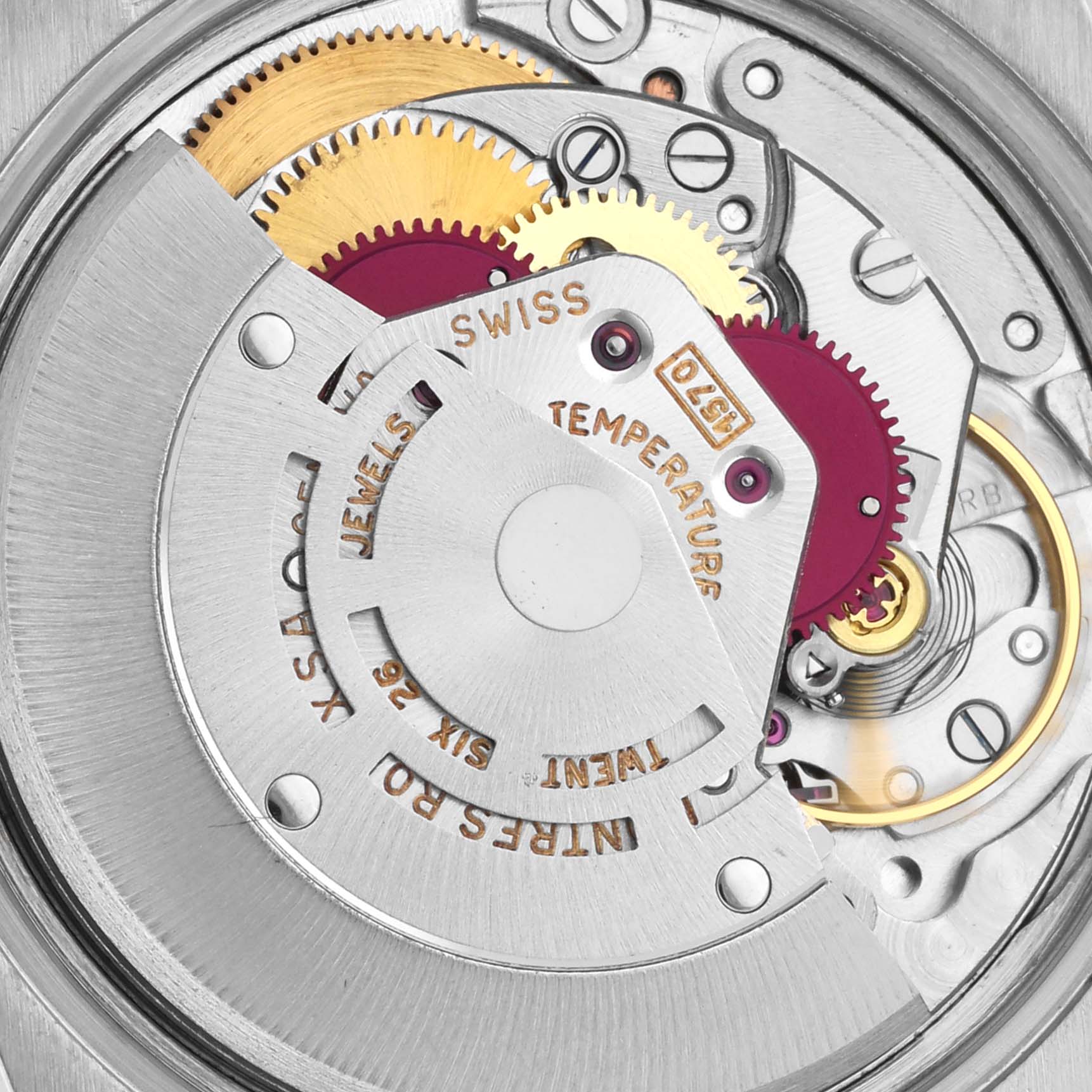 The image shows a detailed view of the Rolex Date 1501 Men
s Stainless Steel Silver Dial 1501 Men
s Stainless Steel Silver Dial model movement, highlighting gears and mechanical components.