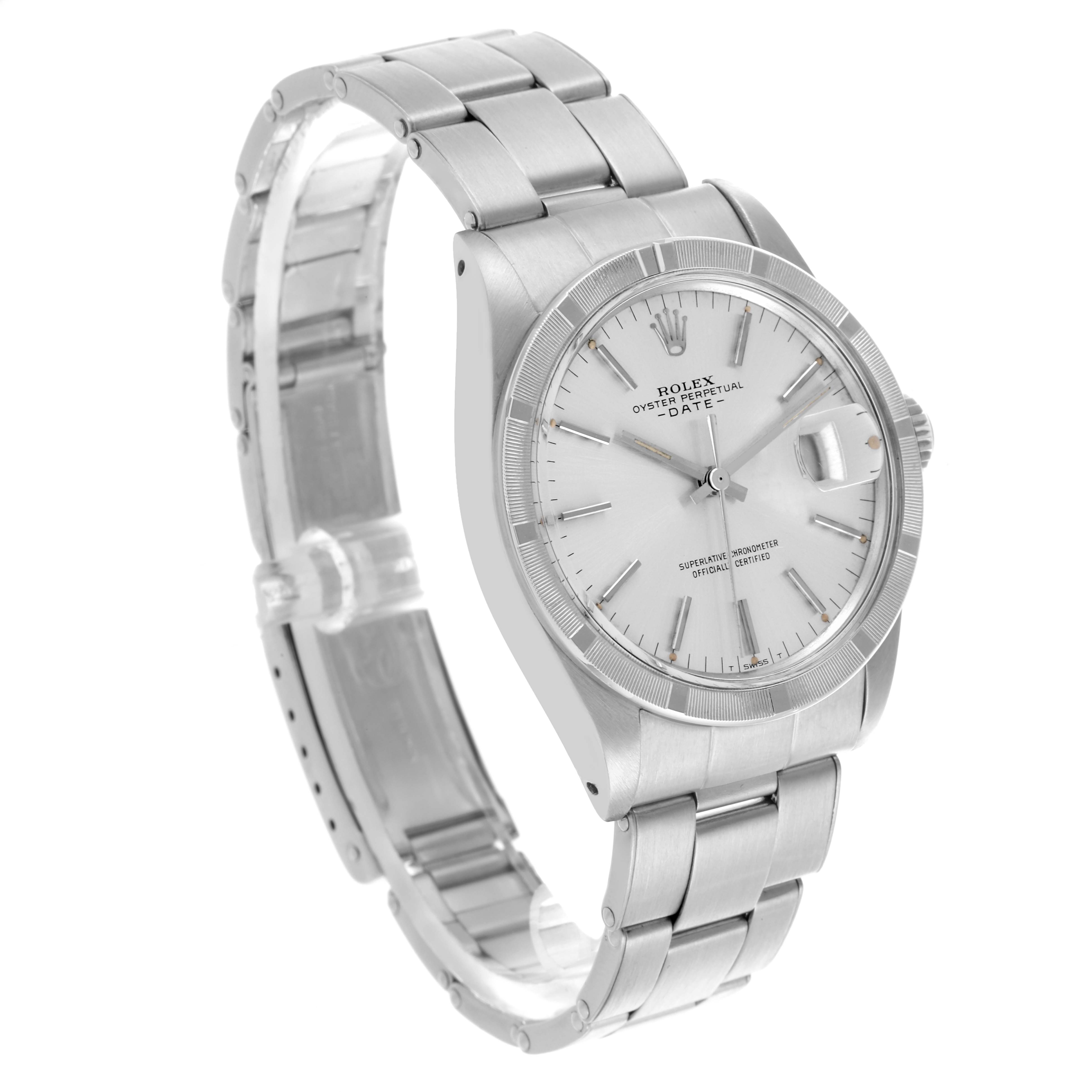 The Rolex Date 1501 Men
s Stainless Steel Silver Dial 1501 Men
s Stainless Steel Silver Dial watch is shown at a three-quarter angle, displaying the face, bezel, and part of the bracelet.