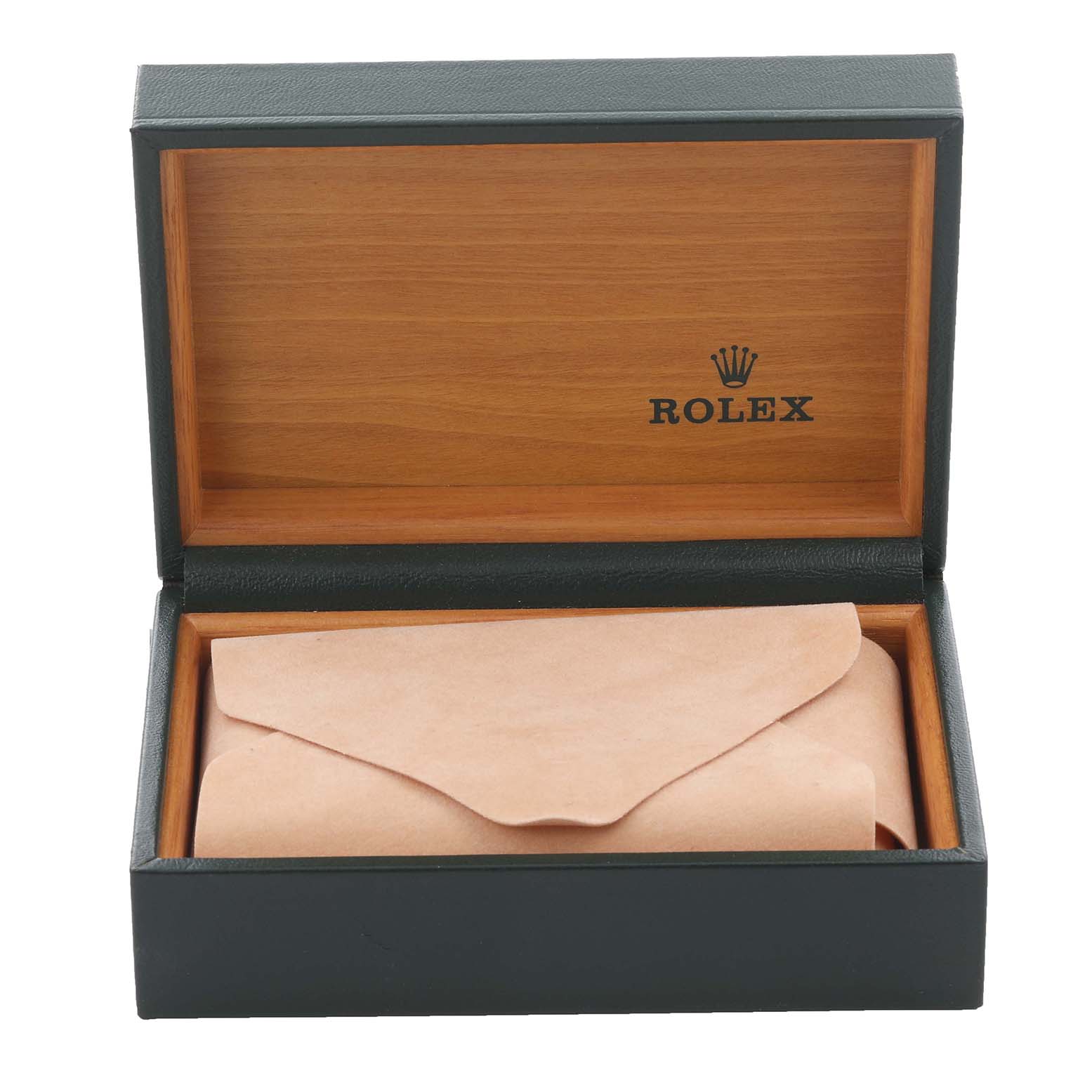 The image shows a Rolex Date 1501 Men
s Stainless Steel Silver Dial 1501 Men
s Stainless Steel Silver Dial watch box, open, displaying its interior and an envelope.