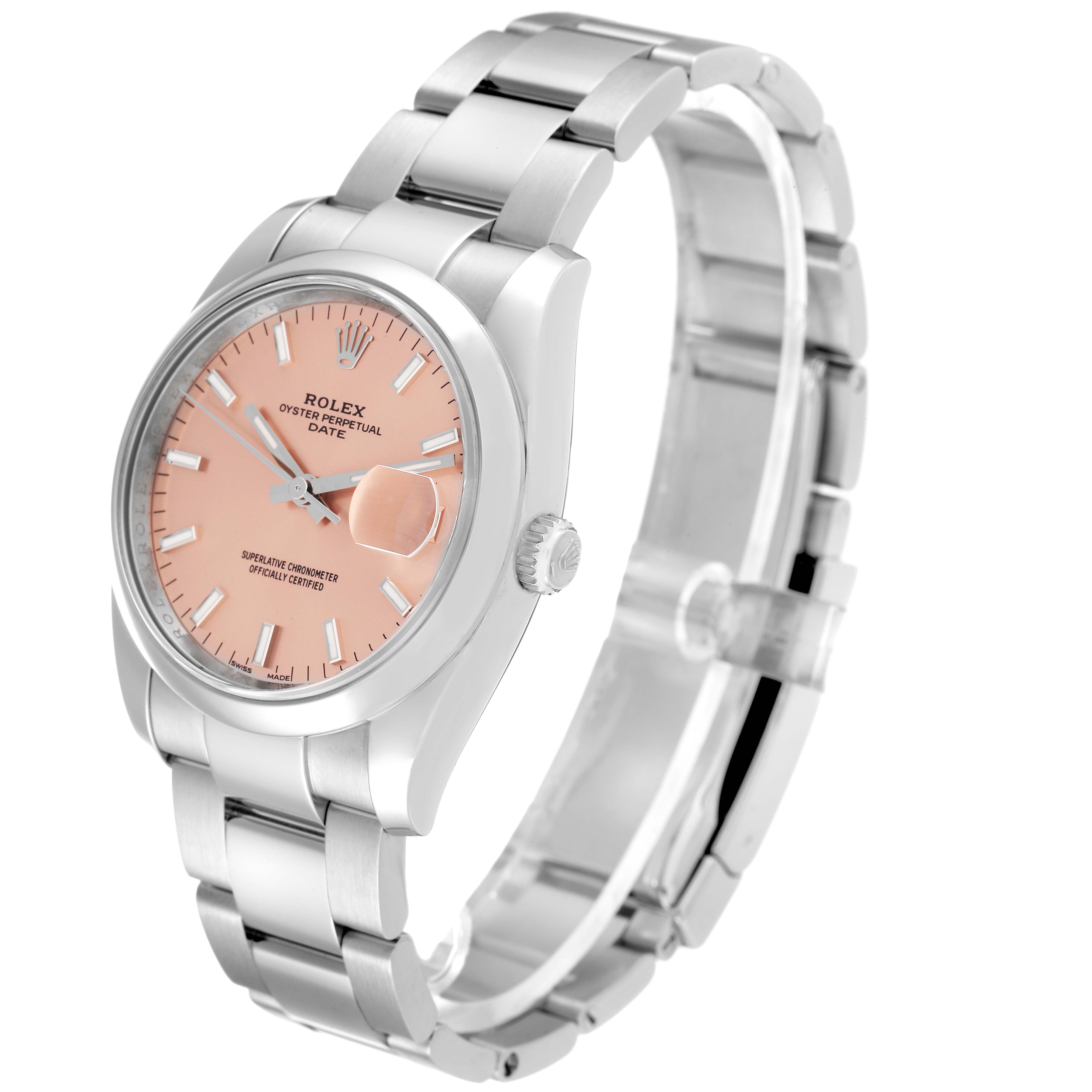 This image shows a Rolex Oyster Perpetual Date model watch at a slight angle, featuring its dial, bracelet, and crown.